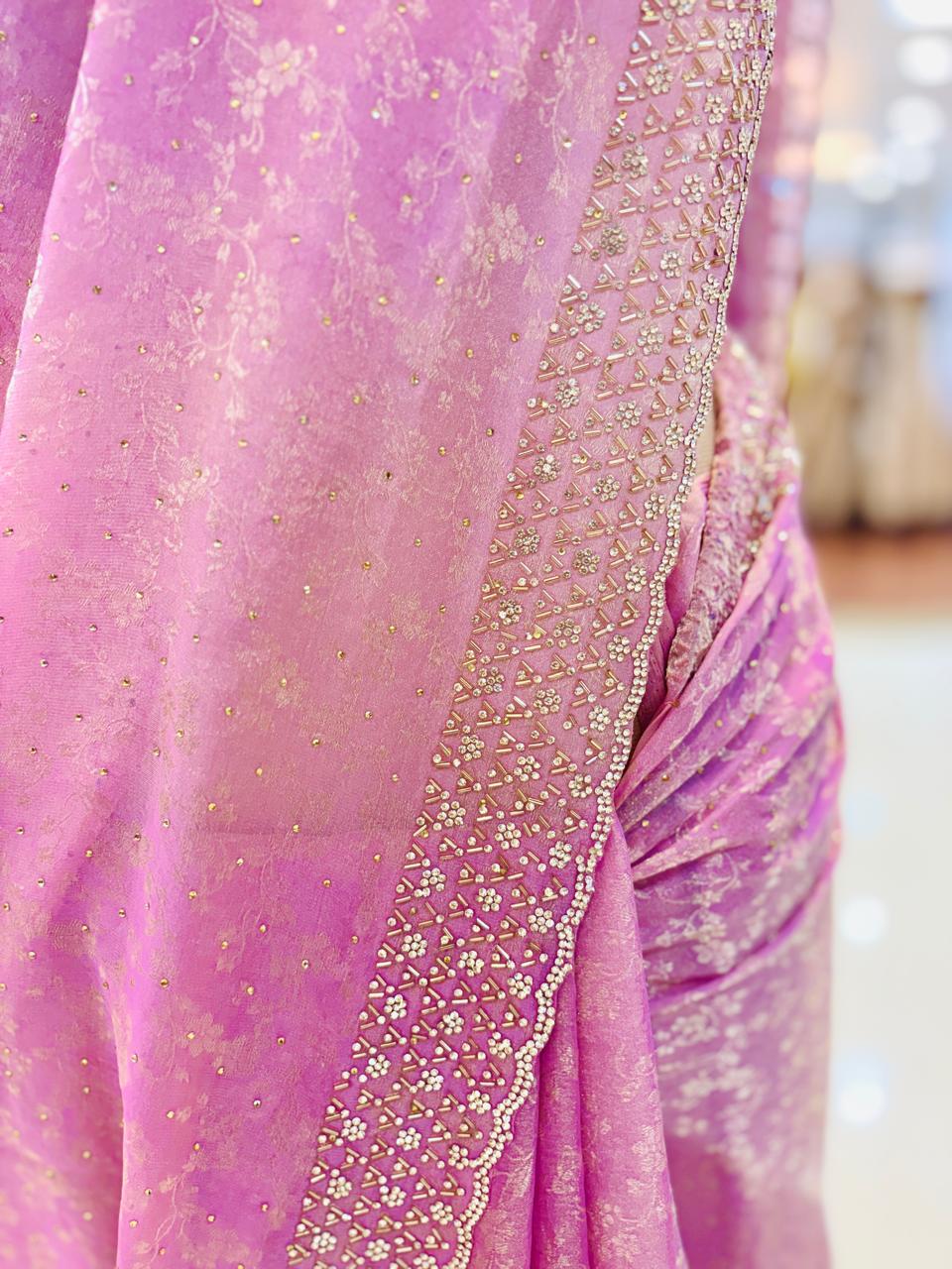 Light Pink Swarovski Tissue Silk Designer Saree