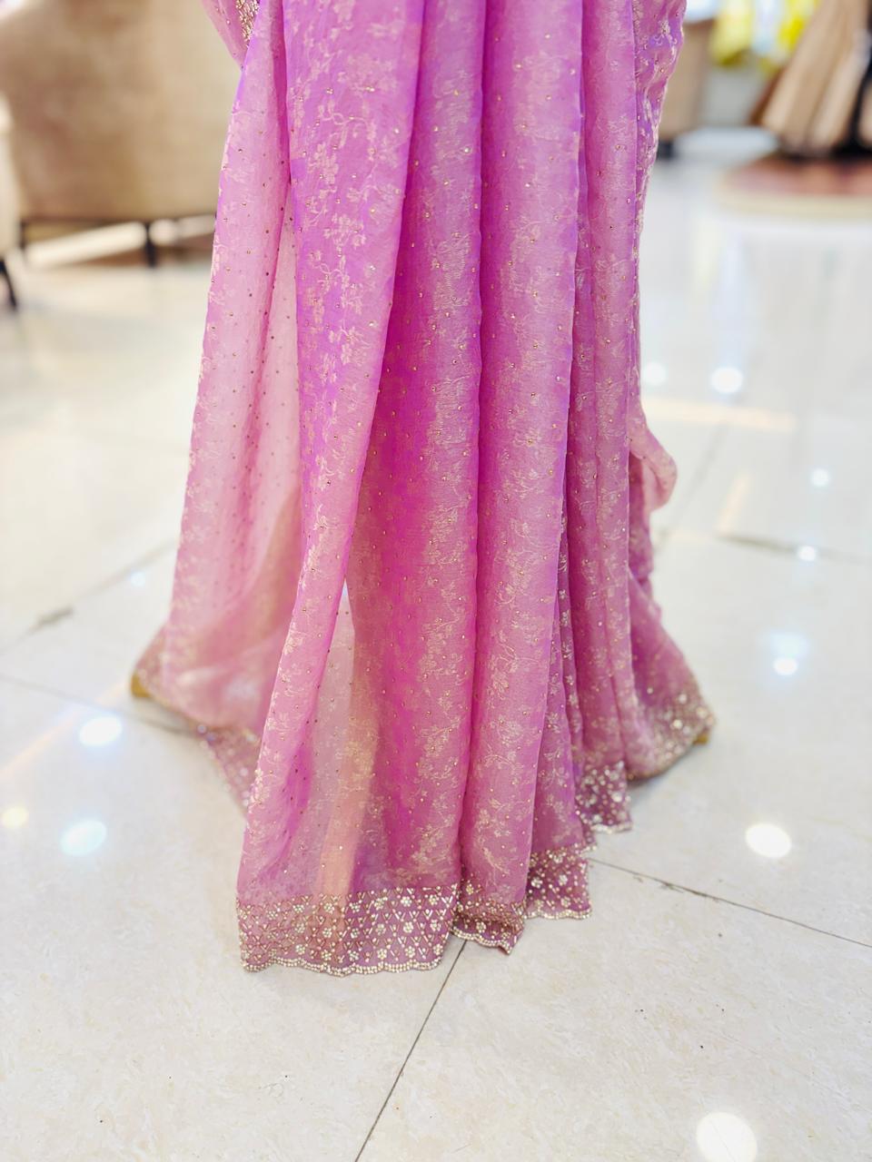 Light Pink Swarovski Tissue Silk Designer Saree