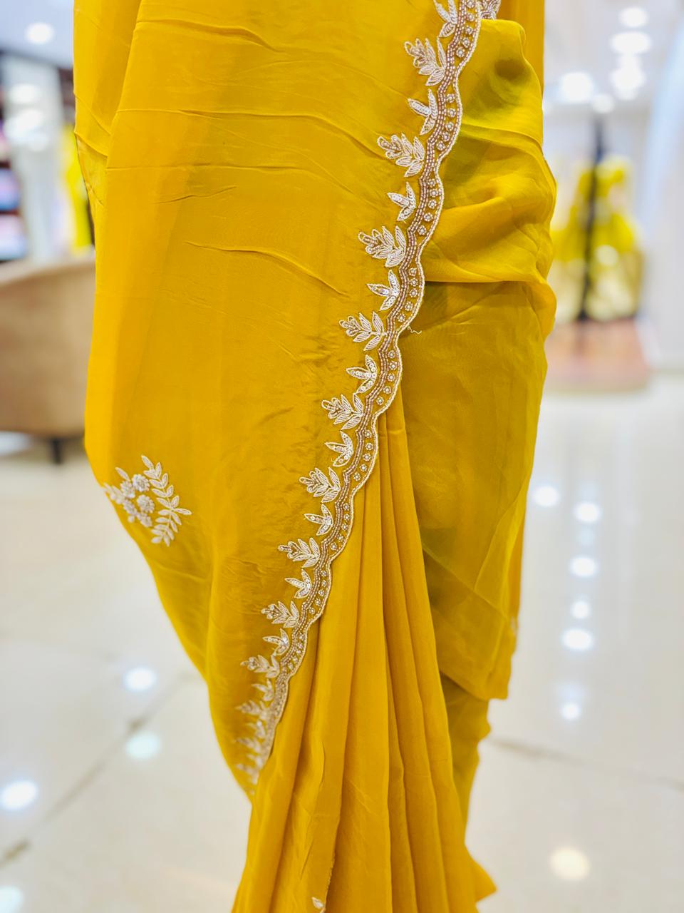 Yellow Designer Silk Hand Detailing Saree