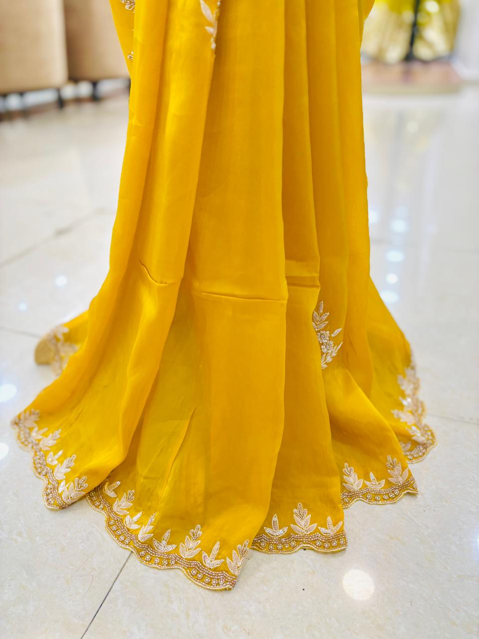 Yellow Designer Silk Hand Detailing Saree