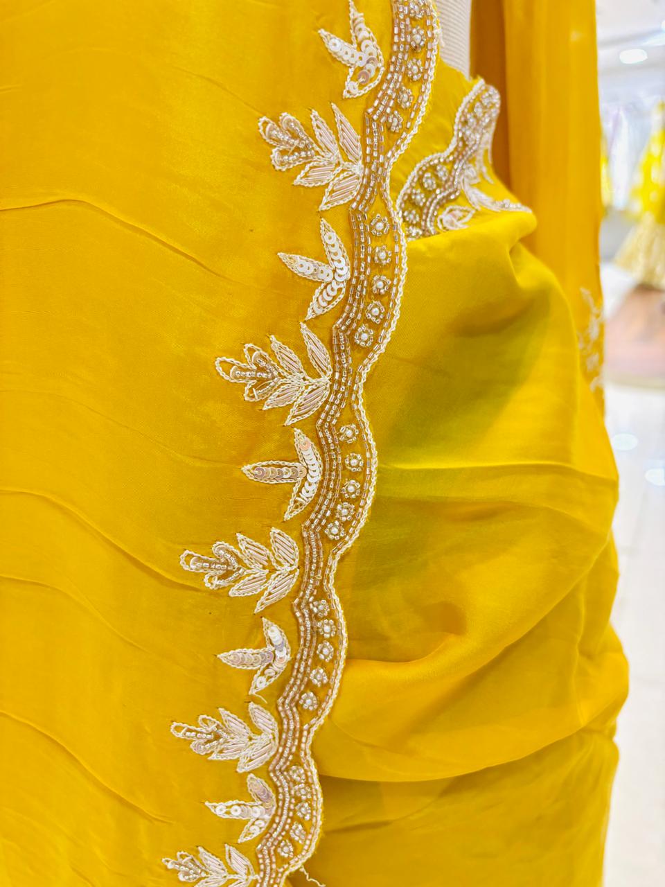 Yellow Designer Silk Hand Detailing Saree