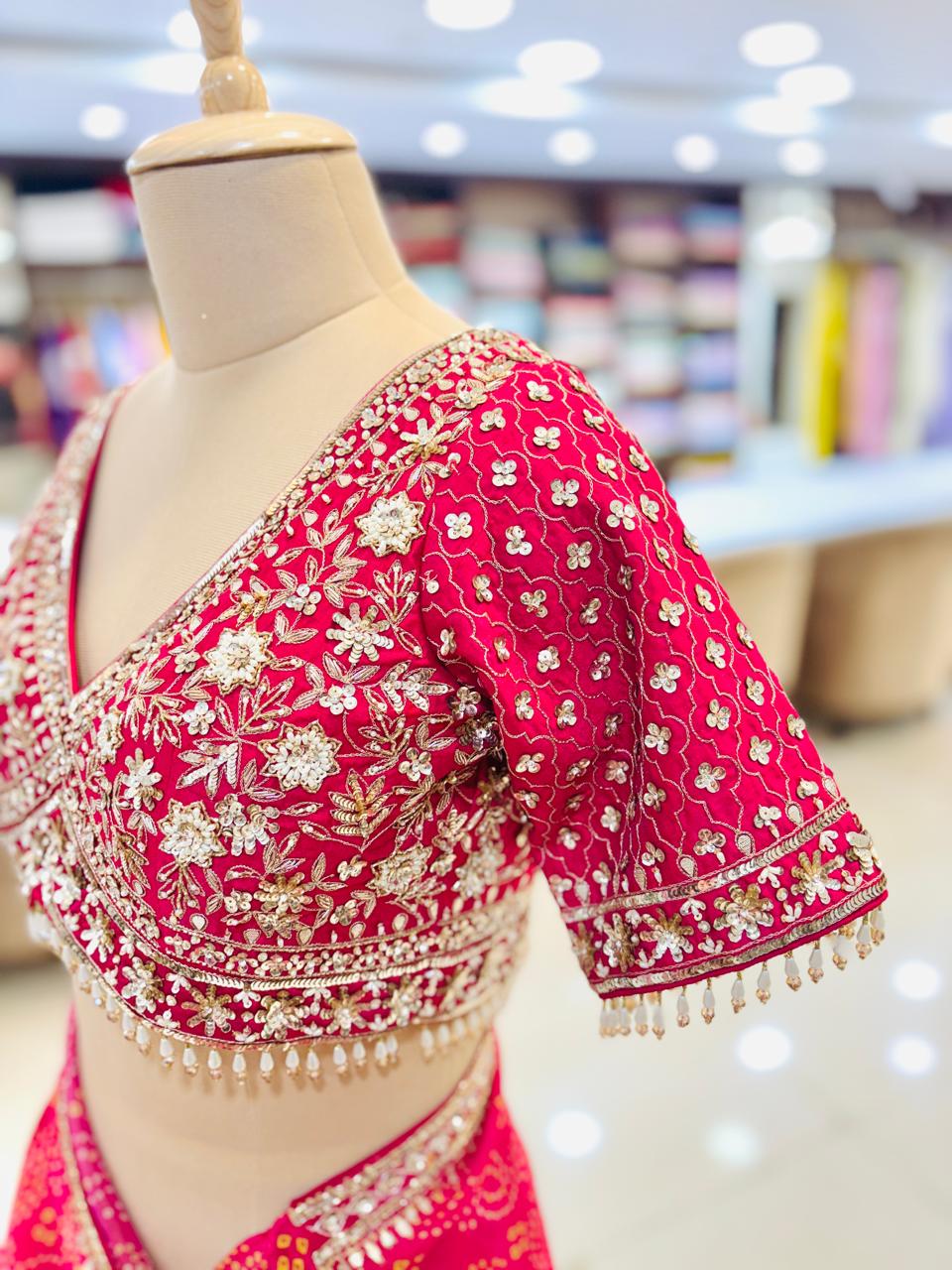 Dark Pink Bandhej Chiffon Saree WIth Heavy Readymade Blouse