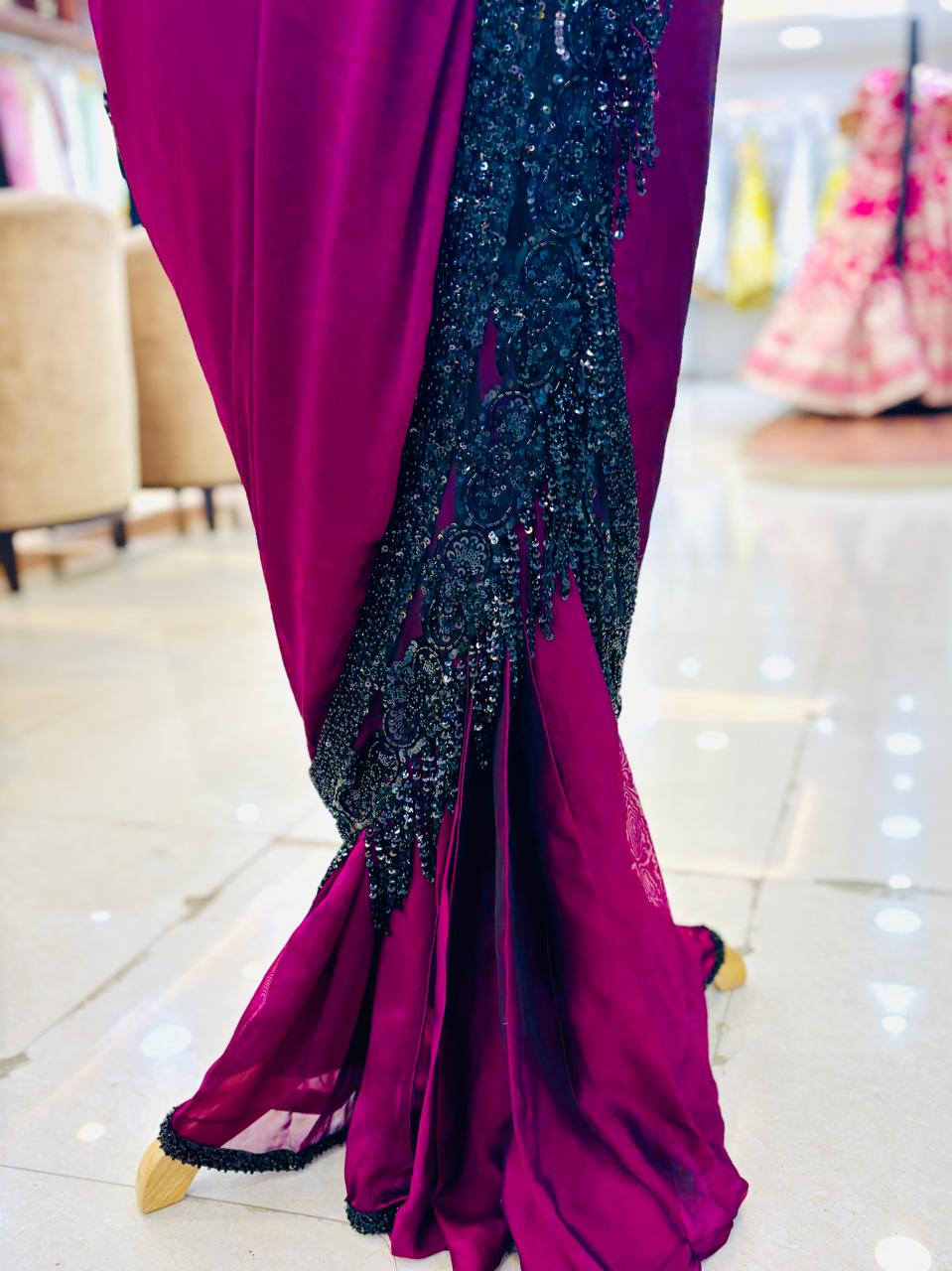 Dark Burgundy Premium Crepe Silk Drape Saree