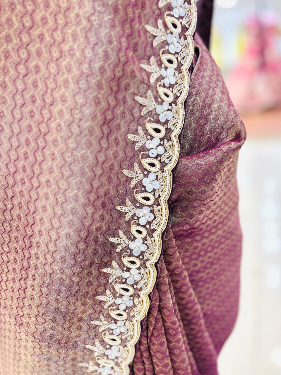 Dark Brown Hand Embellished Crepe Tissue Saree