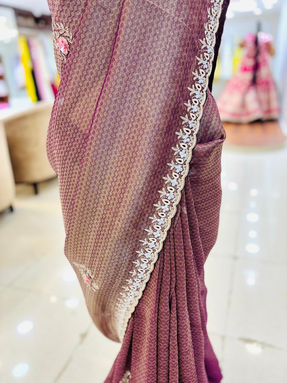 Dark Brown Hand Embellished Crepe Tissue Saree