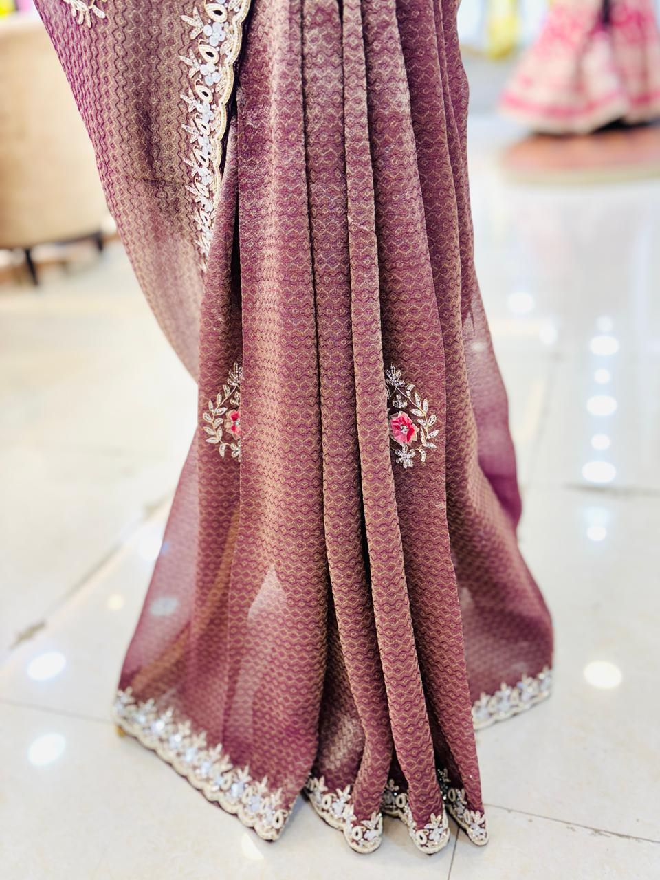 Dark Brown Hand Embellished Crepe Tissue Saree