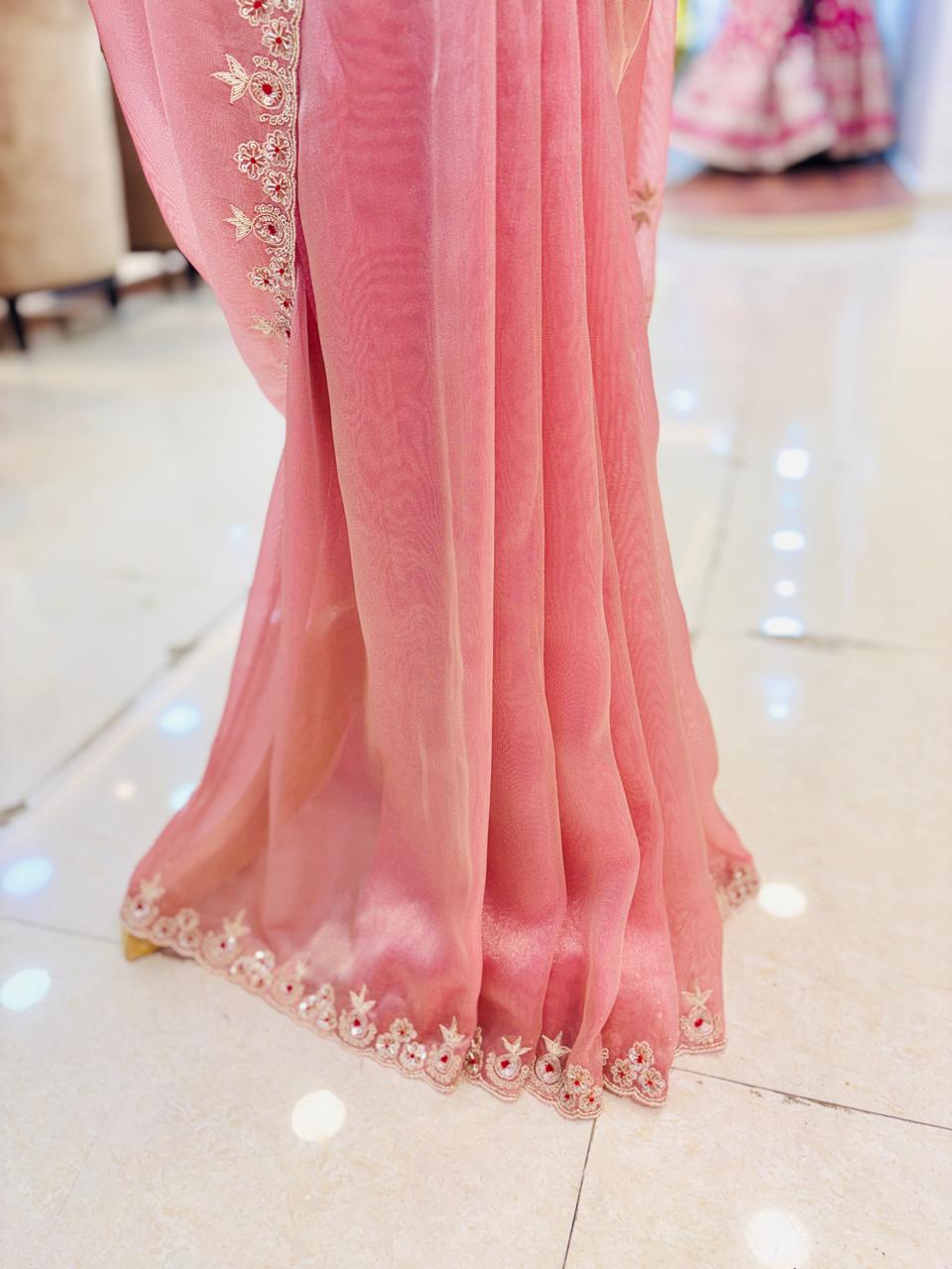 Light Pink Tissue Organza Festive Wear Saree