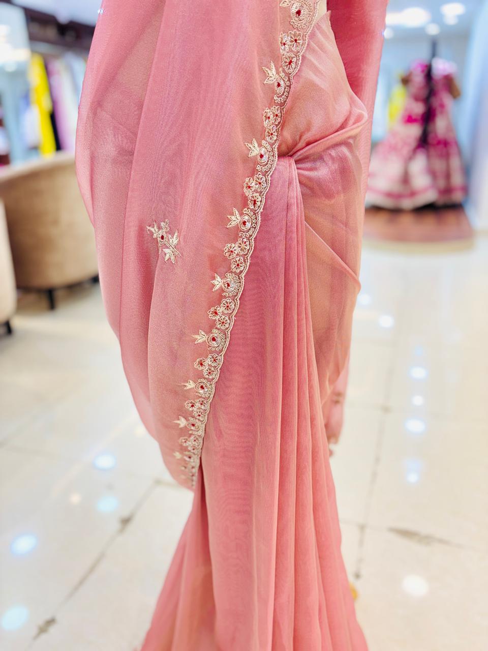 Light Pink Tissue Organza Festive Wear Saree