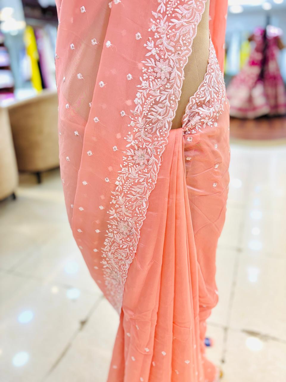 Light Peach Tissue Silk Thread Embroidery Saree