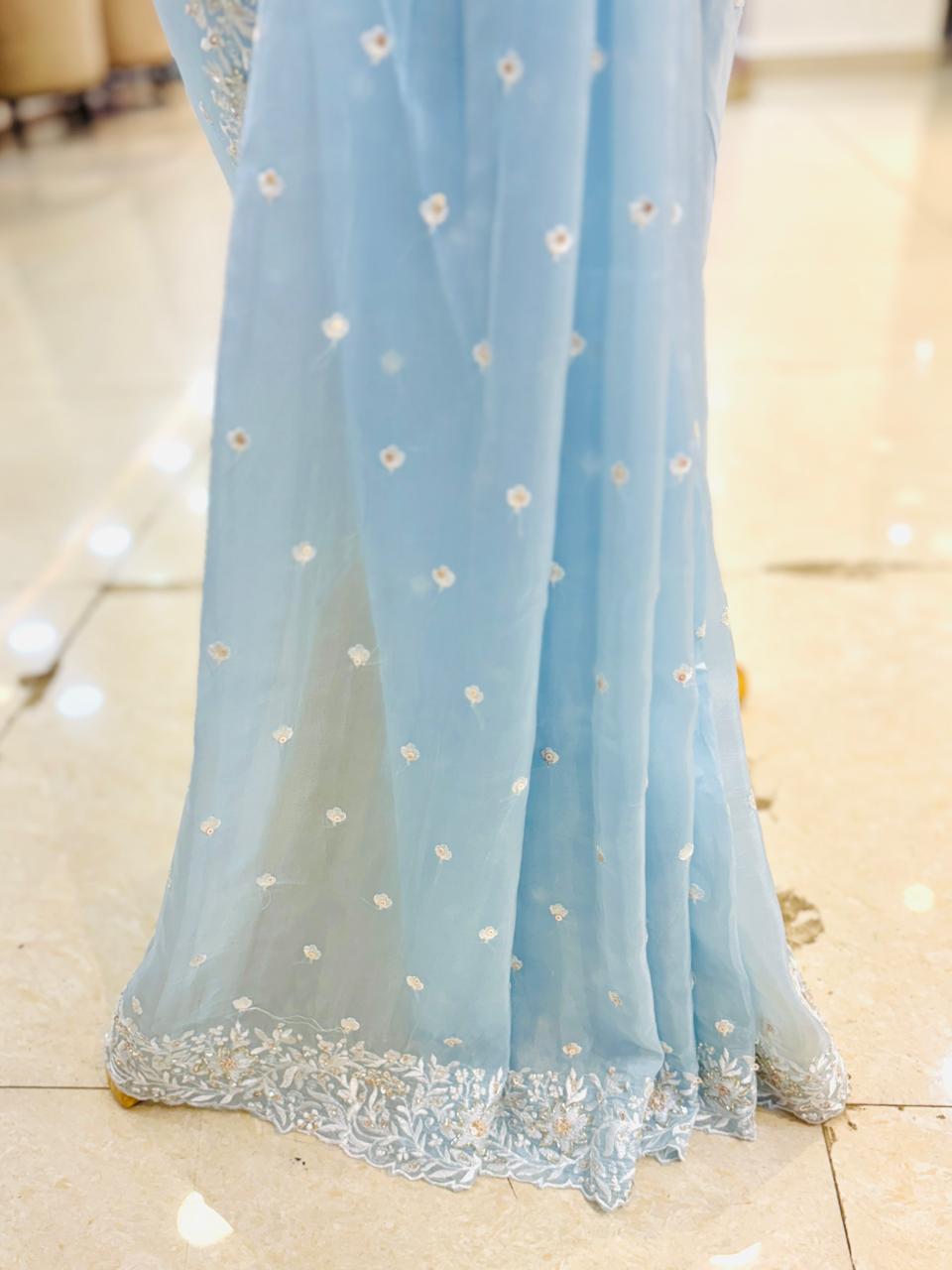 Sky Blue Tissue Silk Thread Embroidery Saree