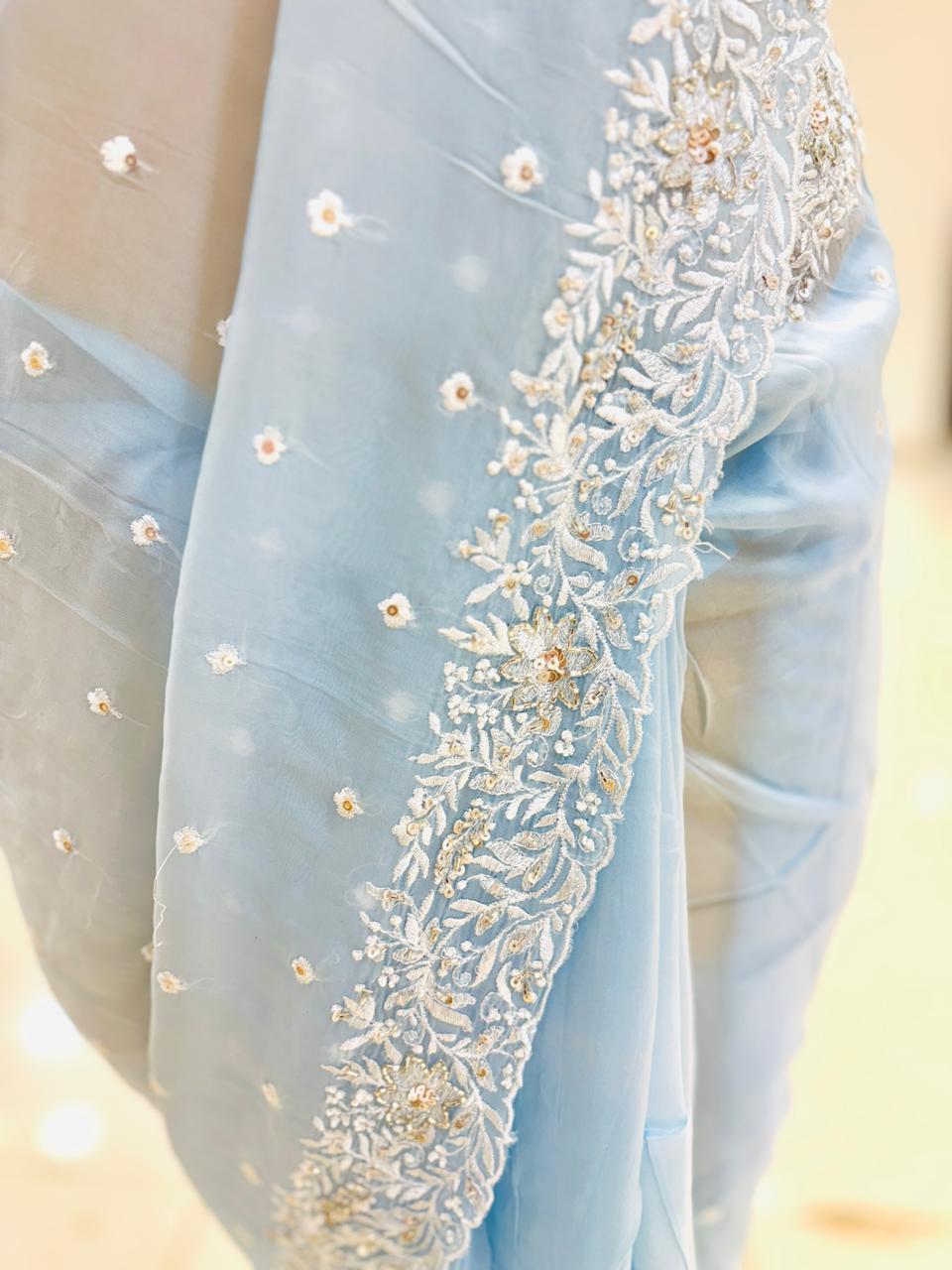 Sky Blue Tissue Silk Thread Embroidery Saree