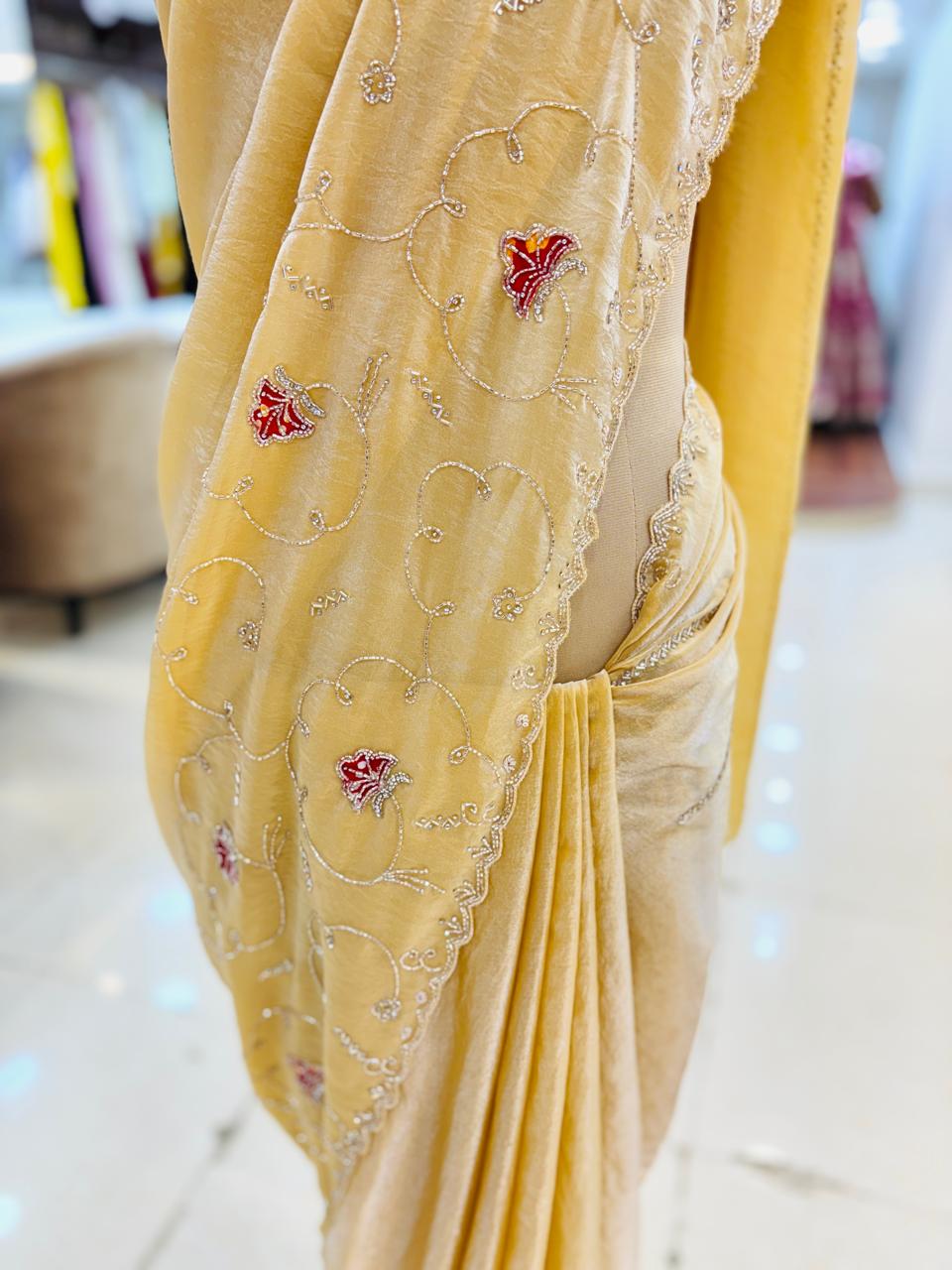 Light Brown Tissue SIlk Hand Embellished Saree