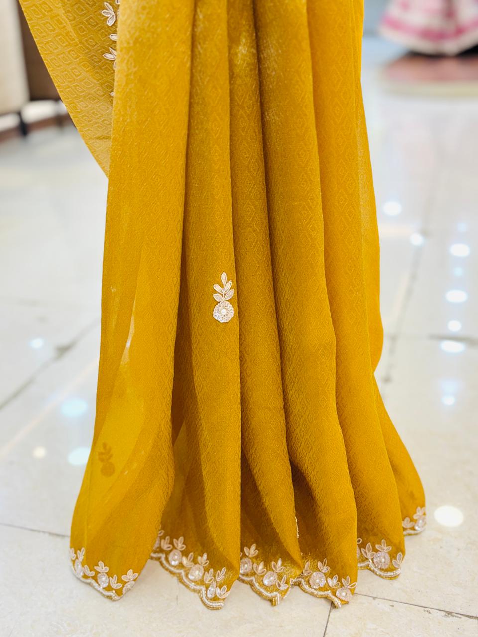 Yellow Crepe Digital Tissue Designer Saree