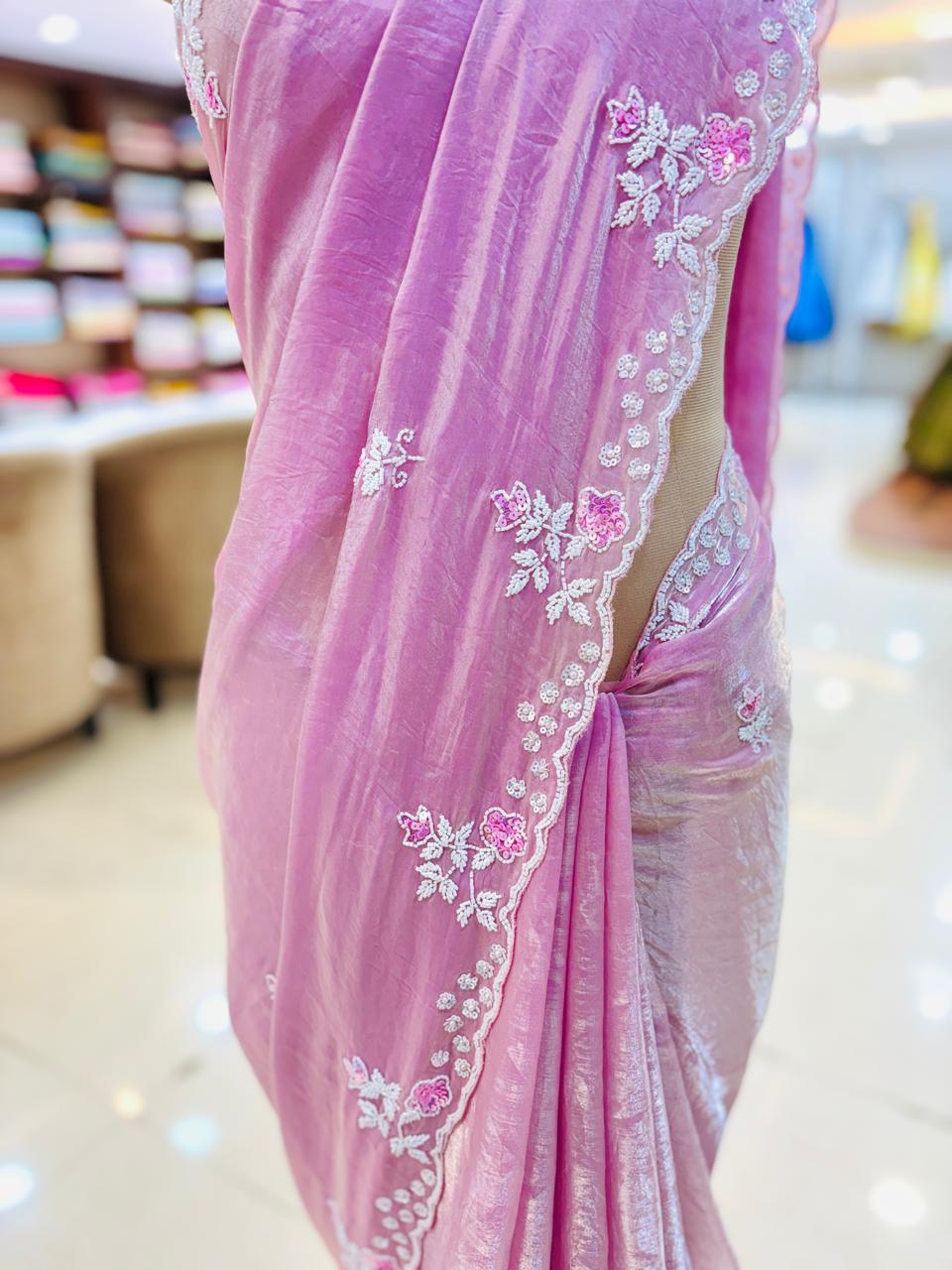 Light Pink Tissue SIlk Hand Embellished Saree