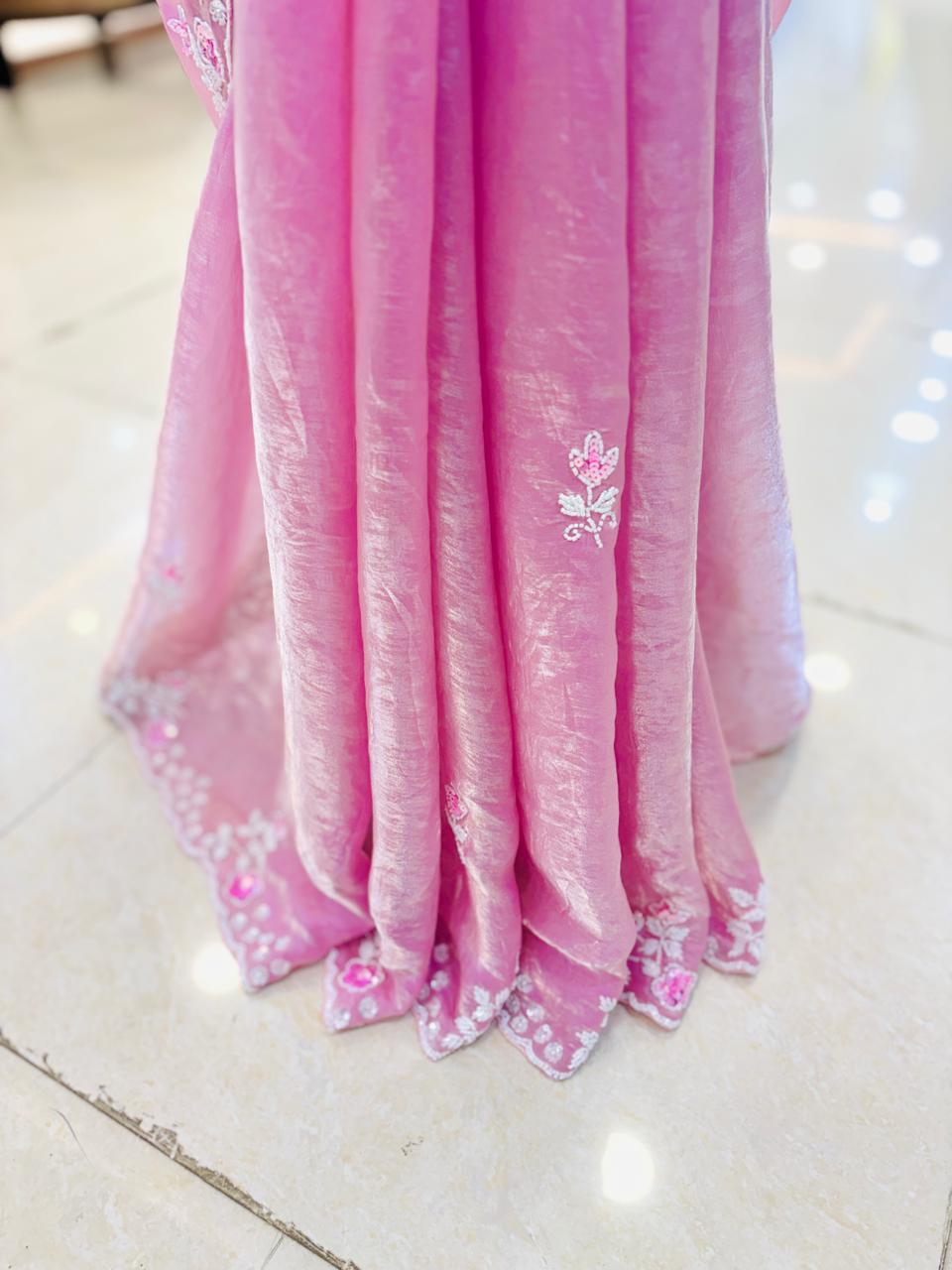 Light Pink Tissue SIlk Hand Embellished Saree