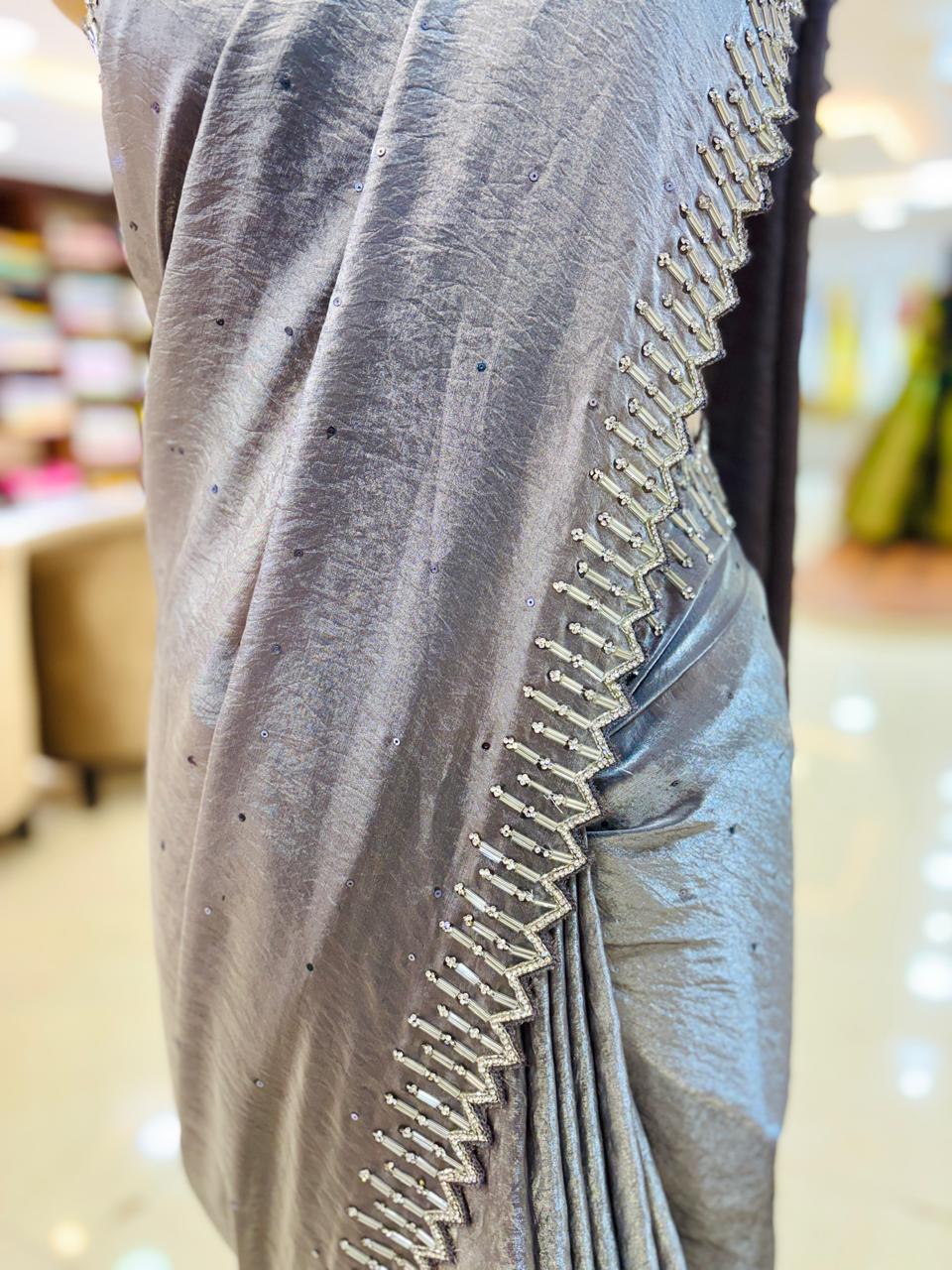 Grey Satin Tissue Cutdana Work Saree