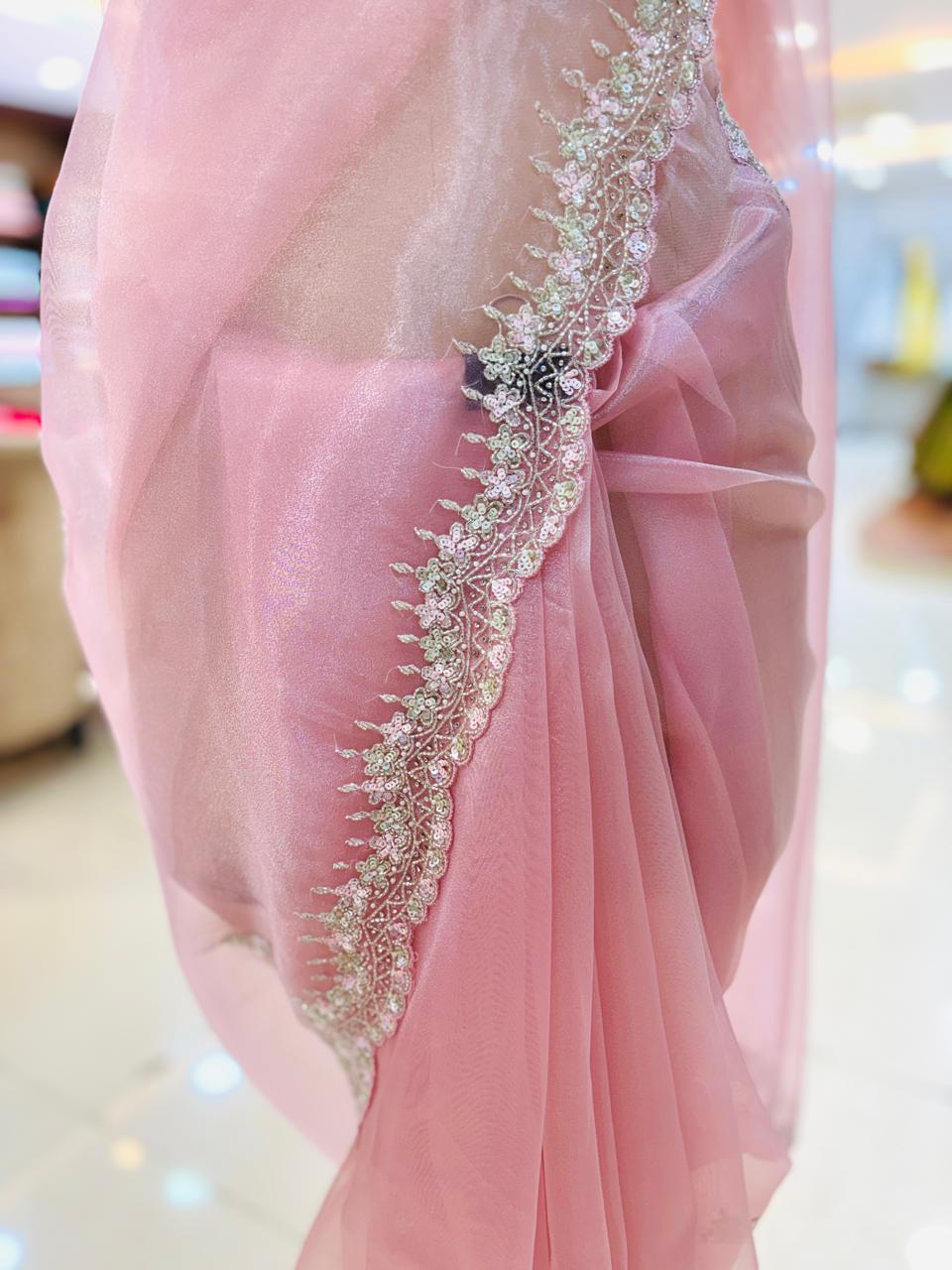 Light Pink Tissue Organza Hand Work Saree