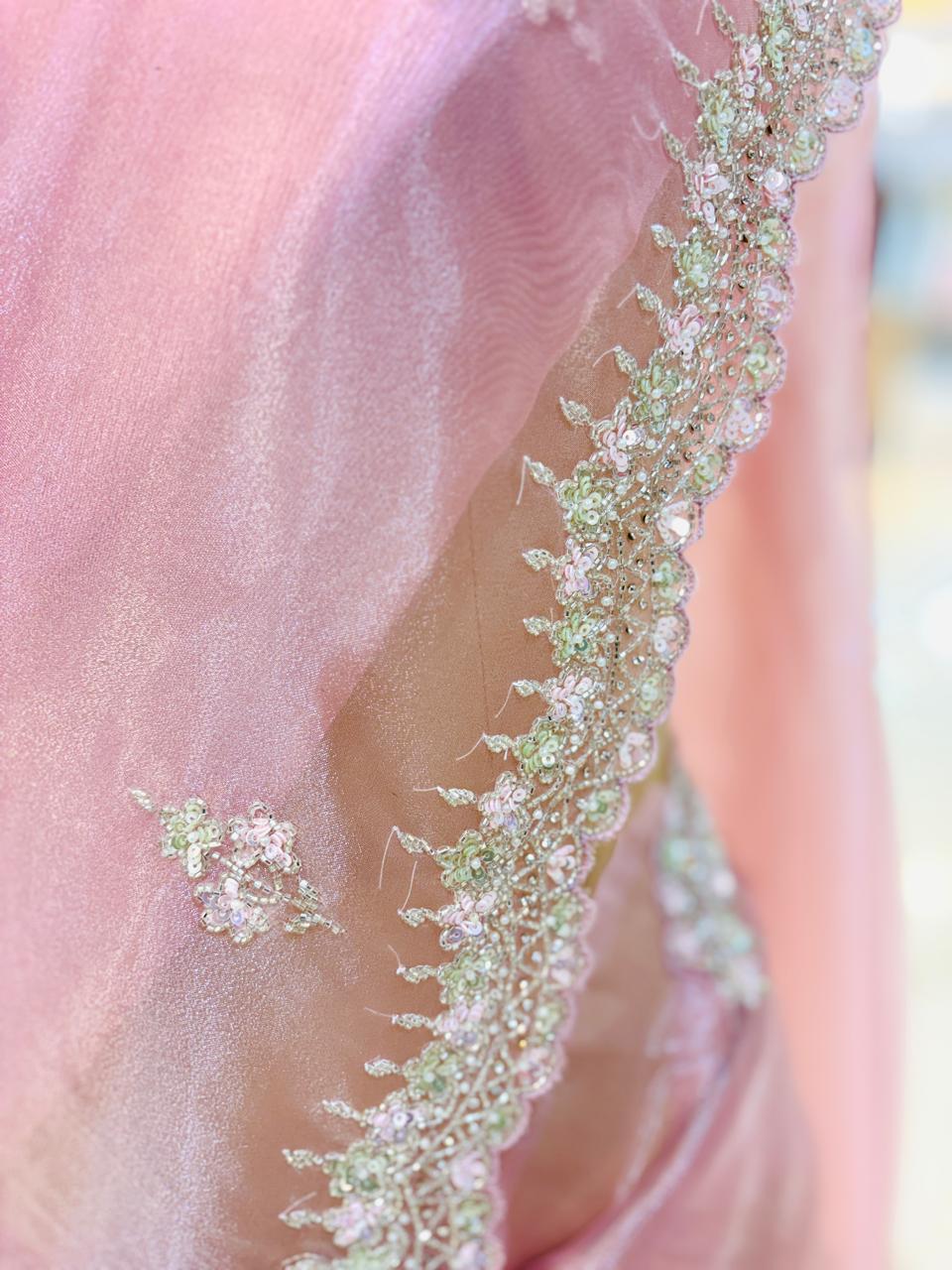 Light Pink Tissue Organza Hand Work Saree