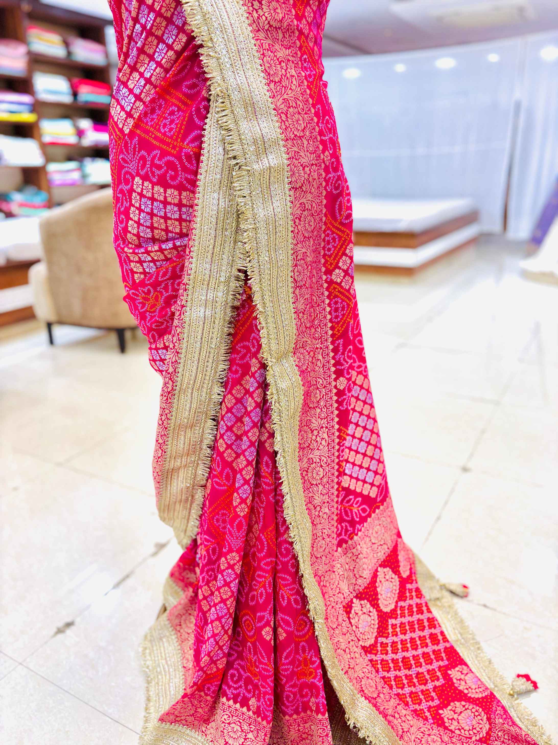 Bright Pink Bandhani Printed Geogette Designer Saree