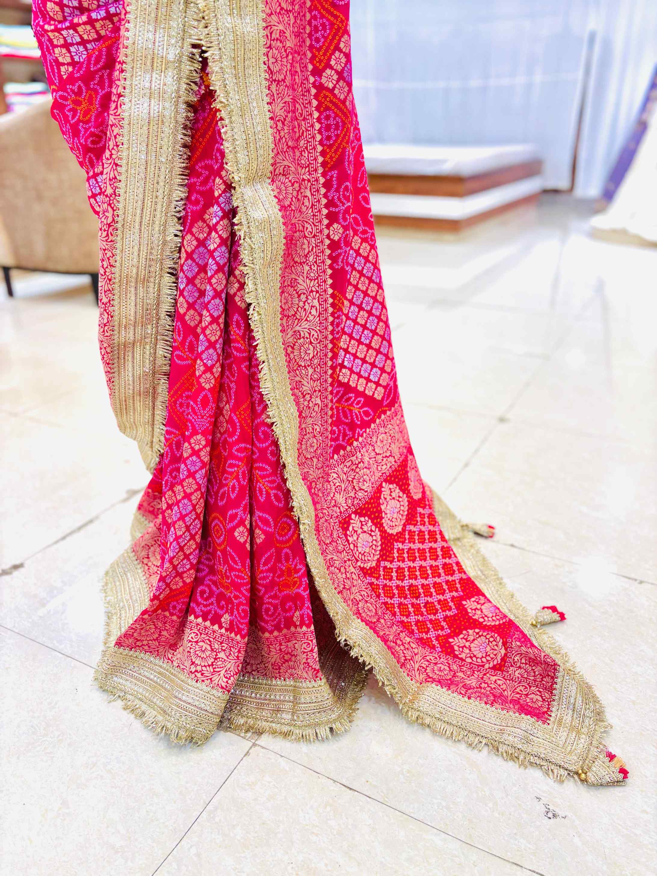 Bright Pink Bandhani Printed Geogette Designer Saree