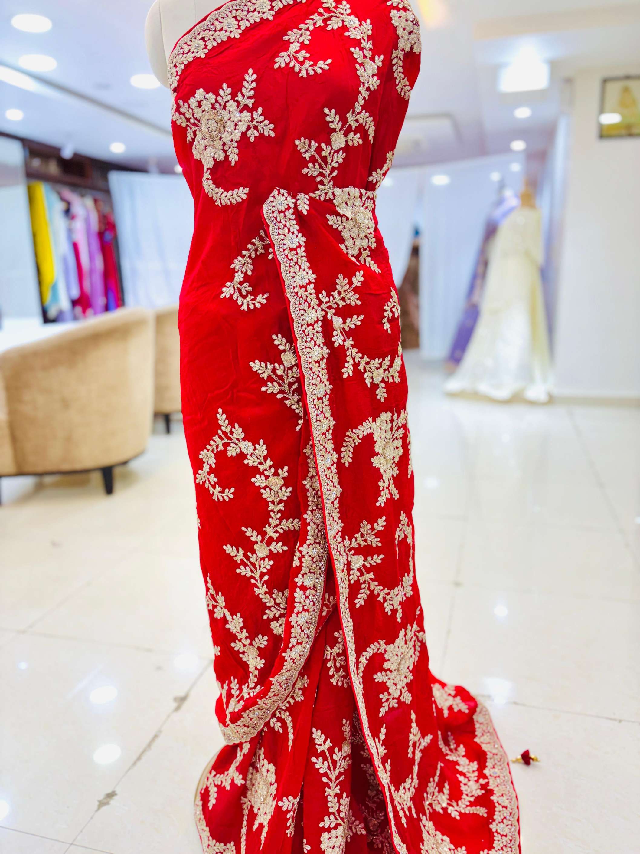 Cherry Red Silk Embroidered Saree