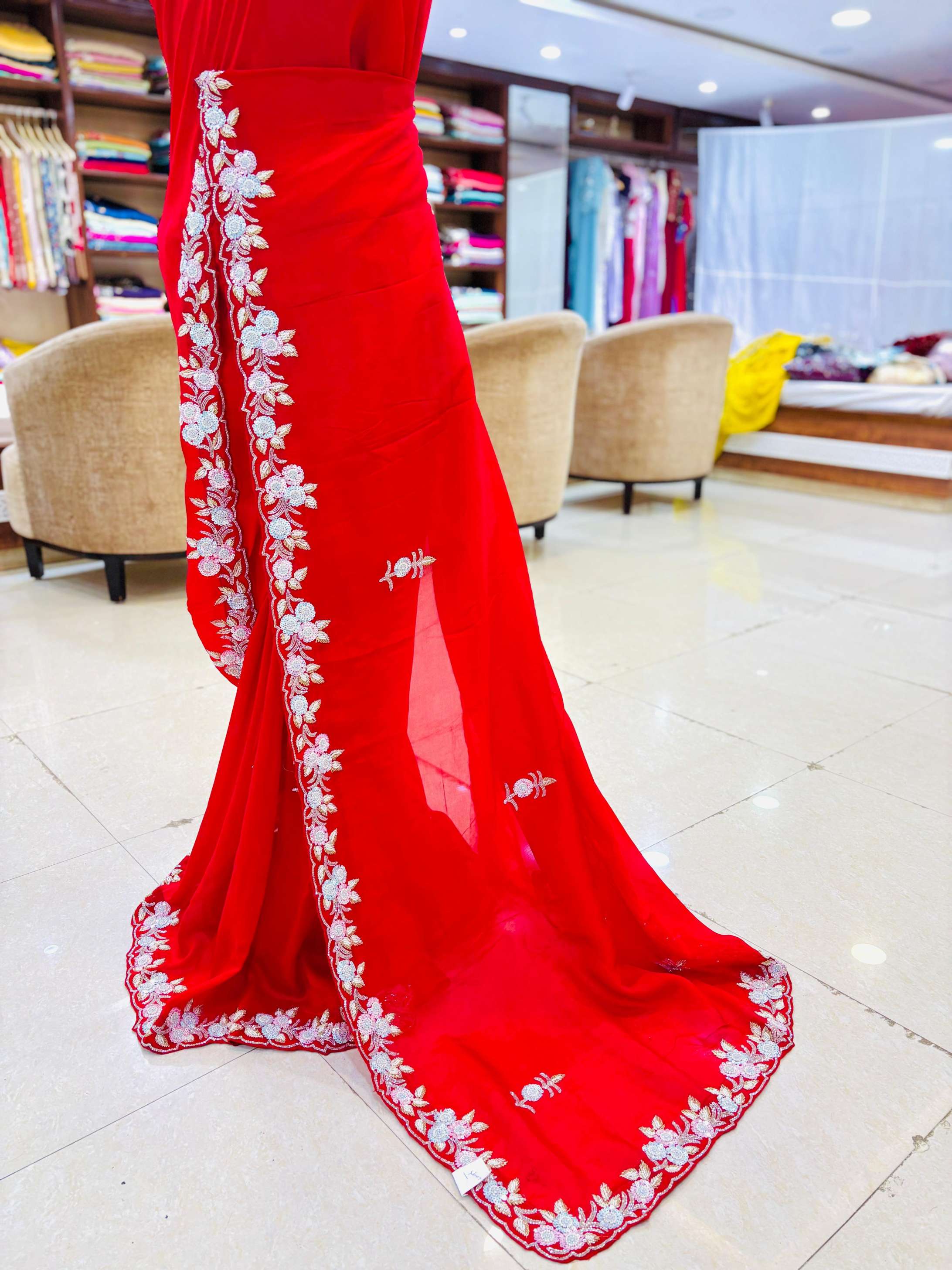 Apple Red Pure Silk Designer Saree