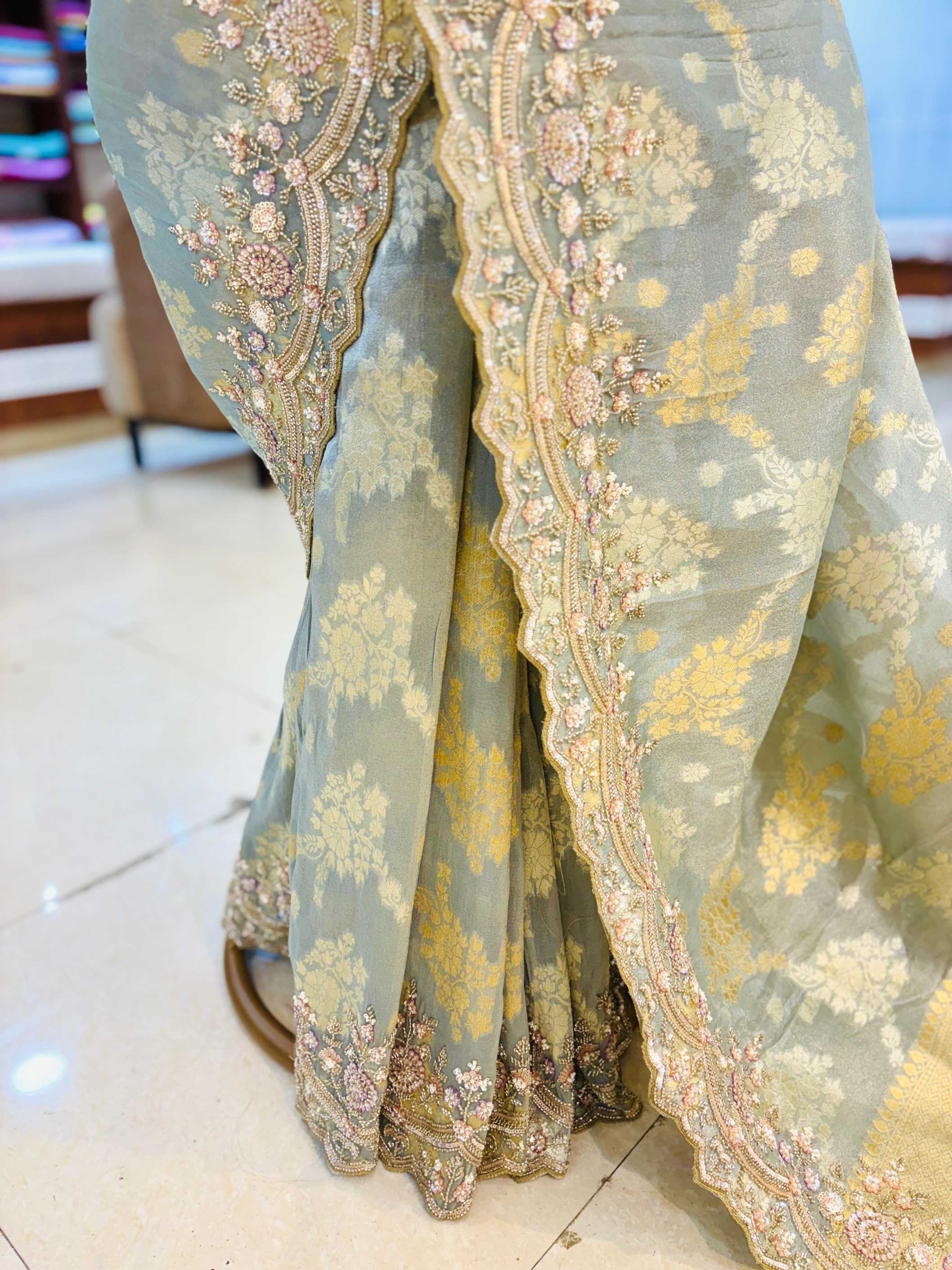 Light Grey Digital Print Hand Embroidered Saree