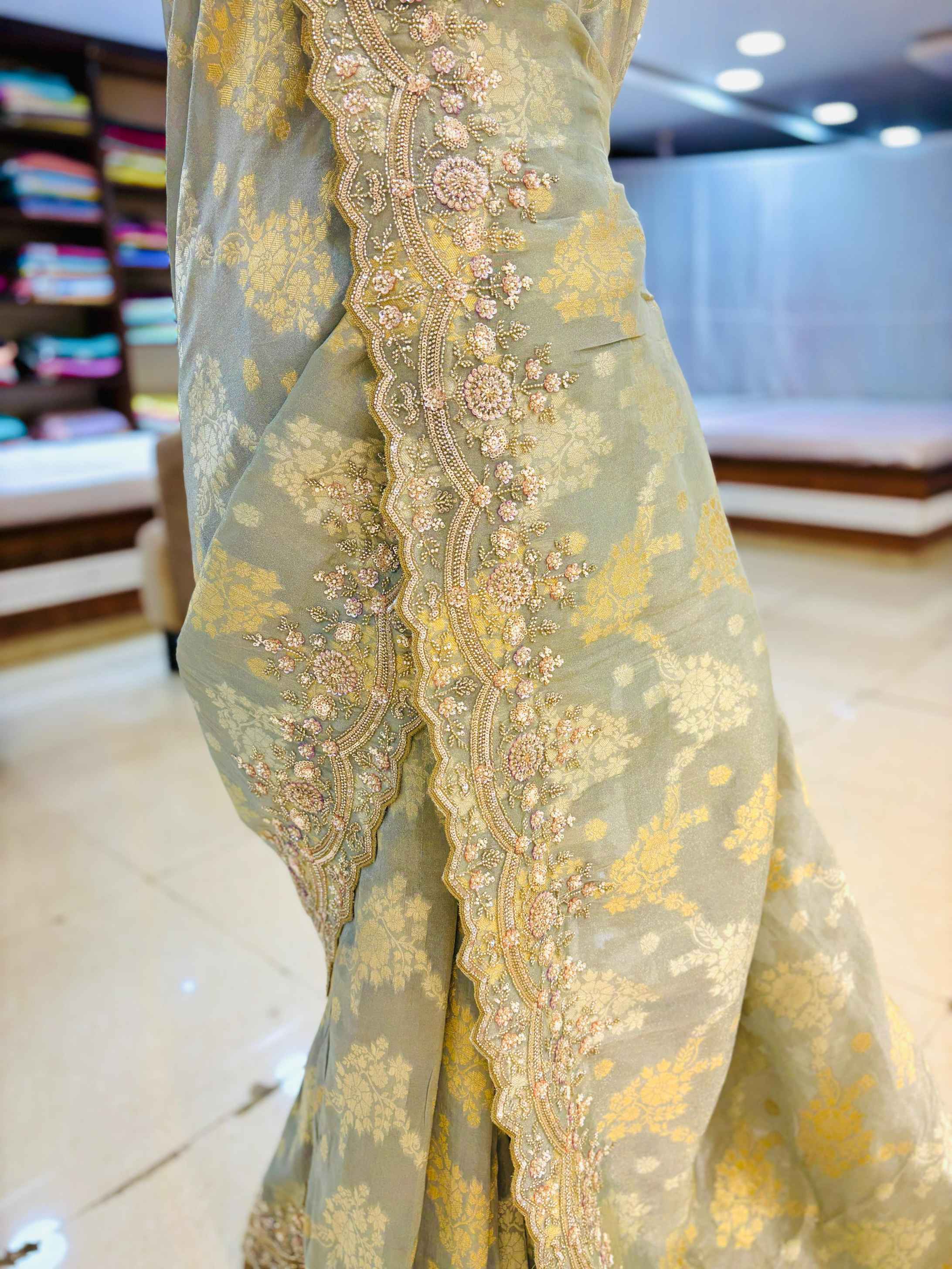 Light Grey Digital Print Hand Embroidered Saree