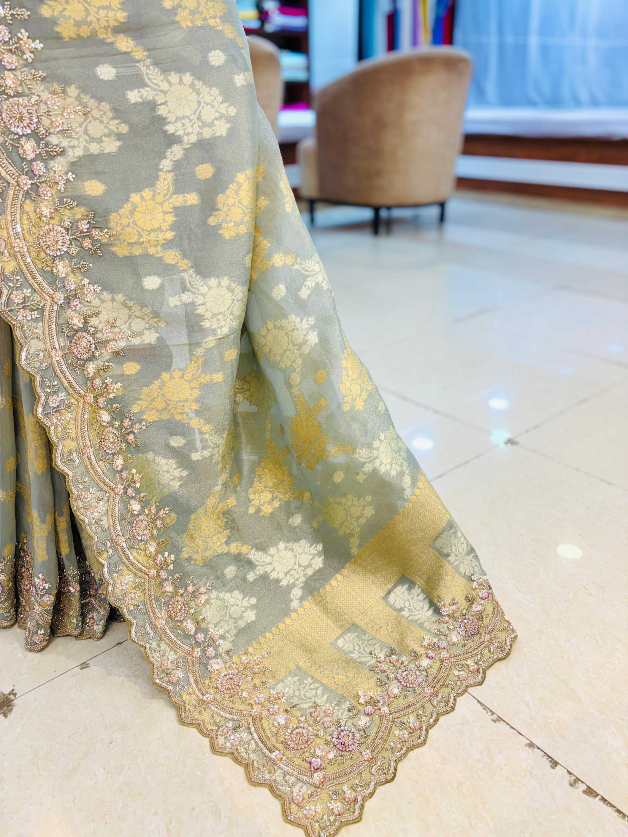 Light Grey Digital Print Hand Embroidered Saree