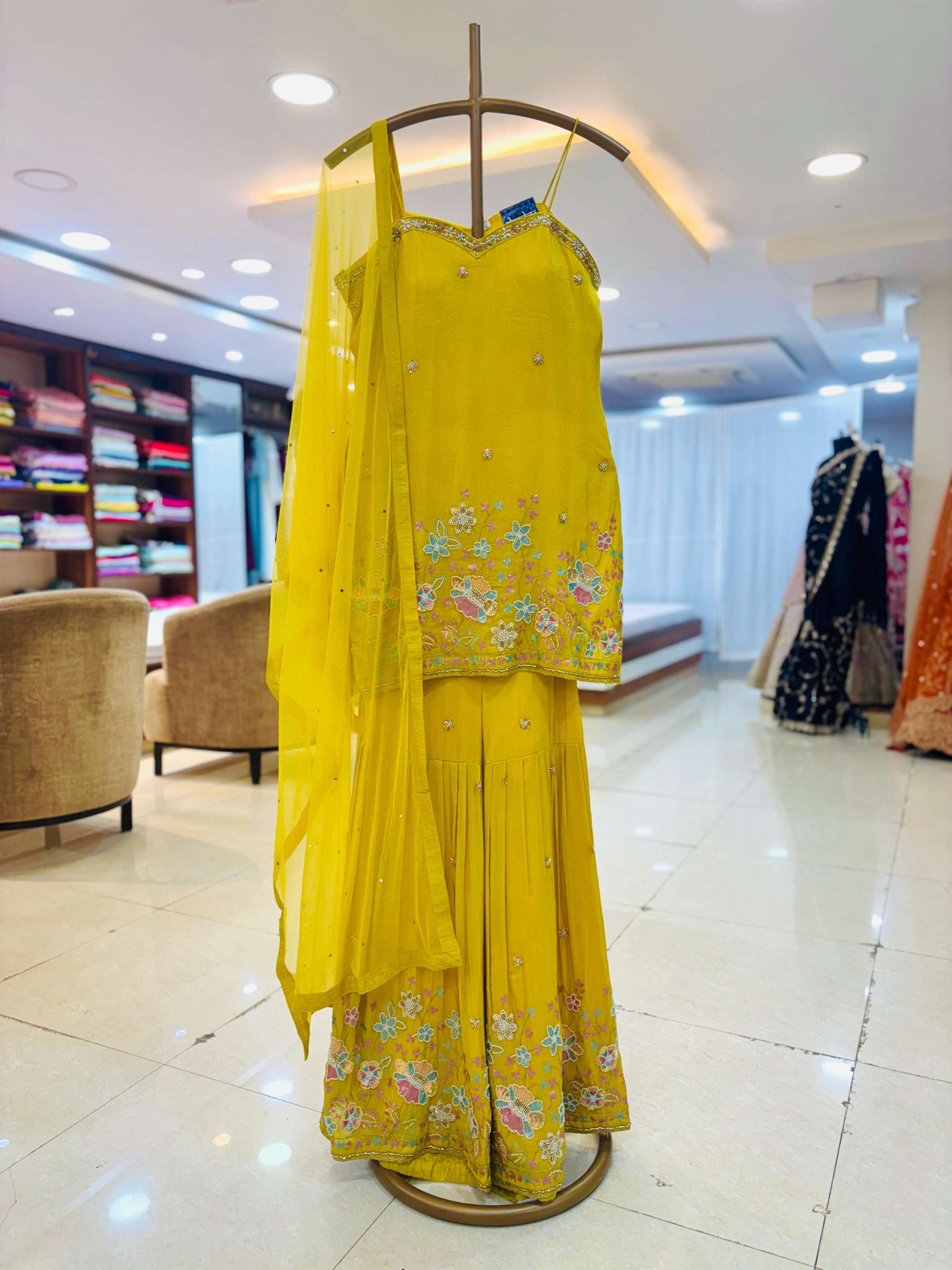 Yellow Chinnon Silk Embroidered Sharara Set