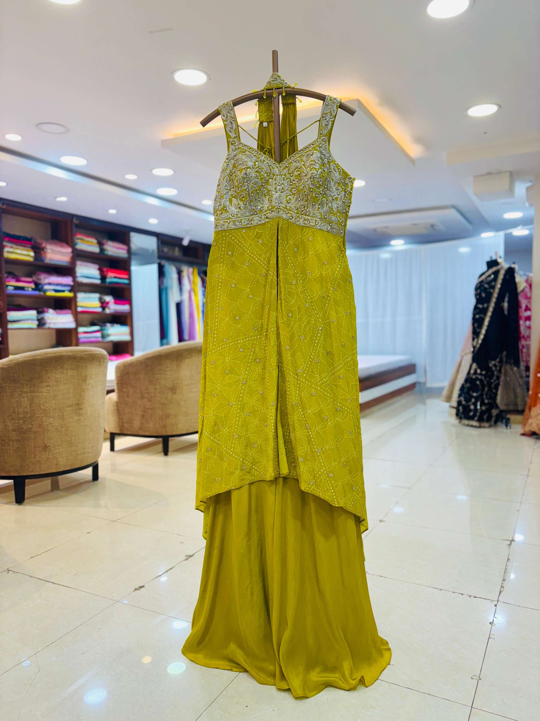 Green Silk Bandhani Print Front Slit Sharara Set