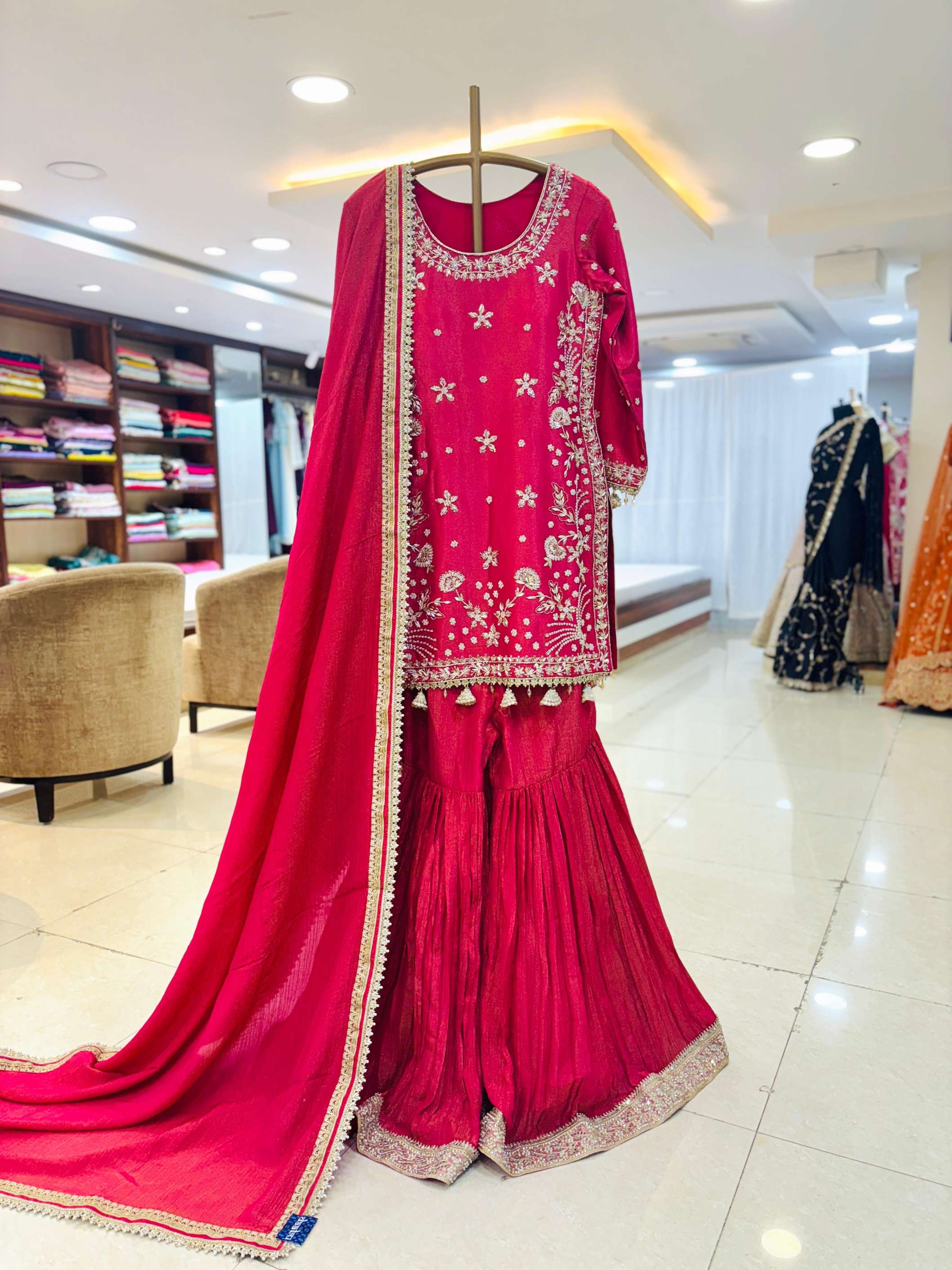 Fuscia Pink Silk Hand Embroidered Sharara Set