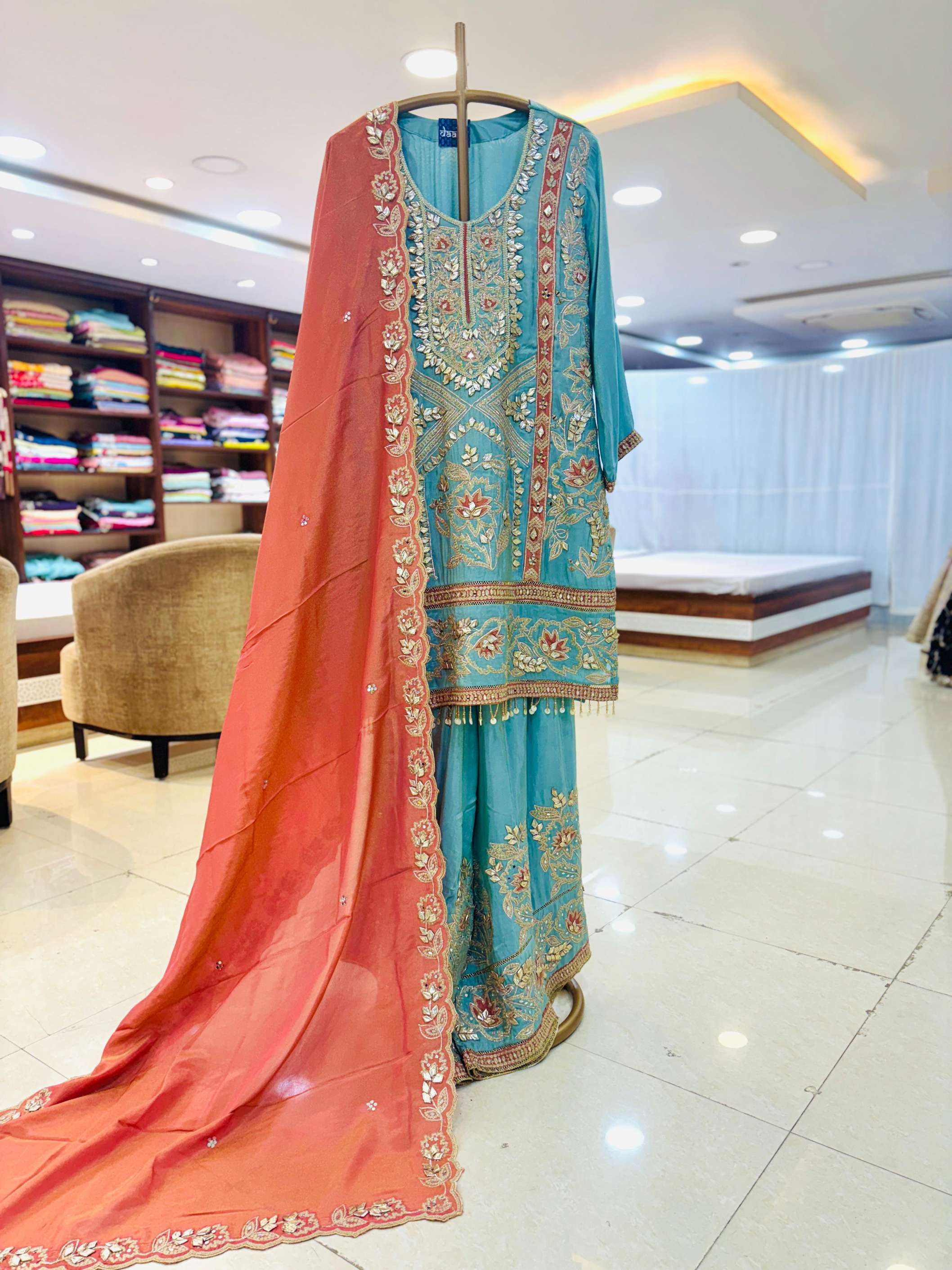 Aqua Blue Silk Embroidered Sharara Set