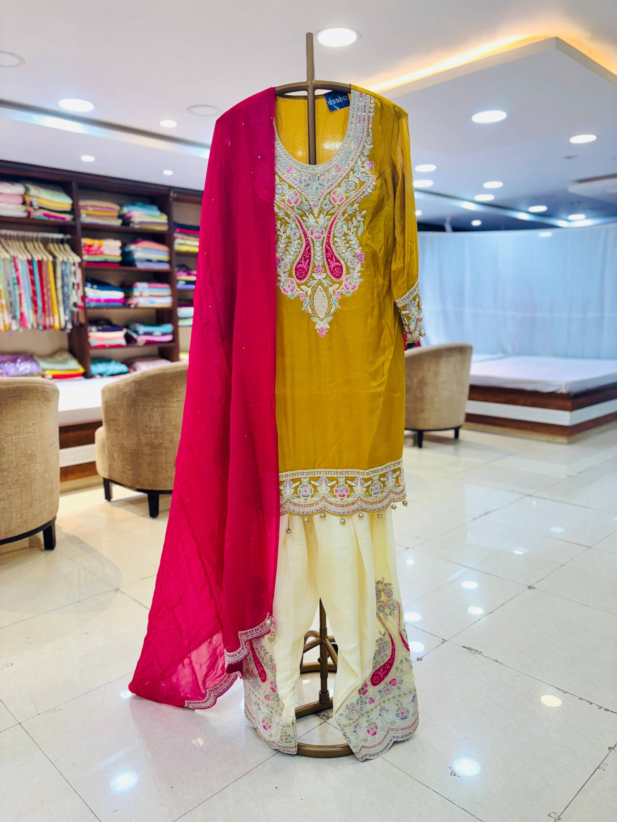Yellow Embroidered Chinnon Sharara Set