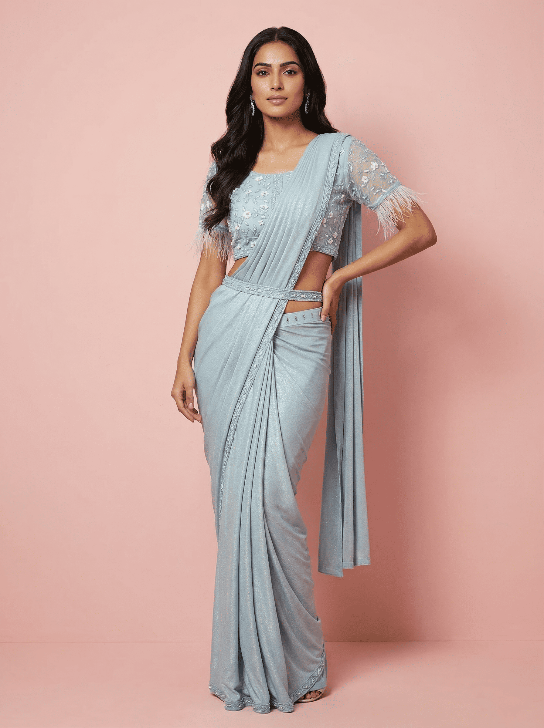 Sky Blue Embroidered Drape Saree