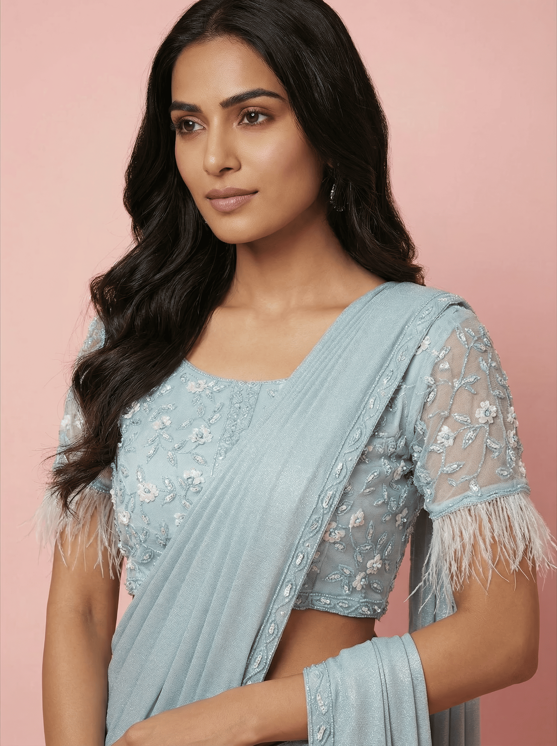 Sky Blue Embroidered Drape Saree