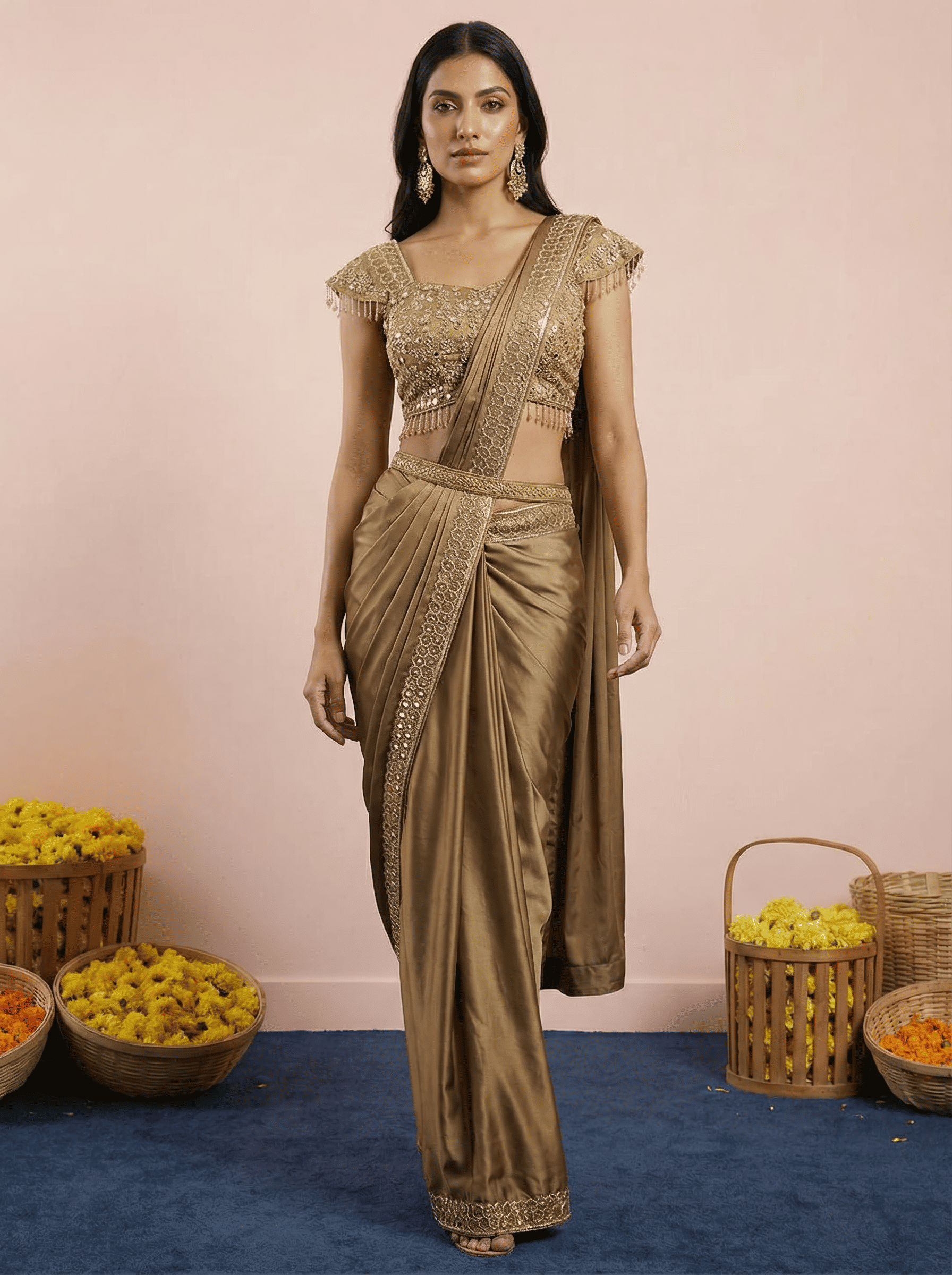 Dark Gold Embroidered Drape Saree