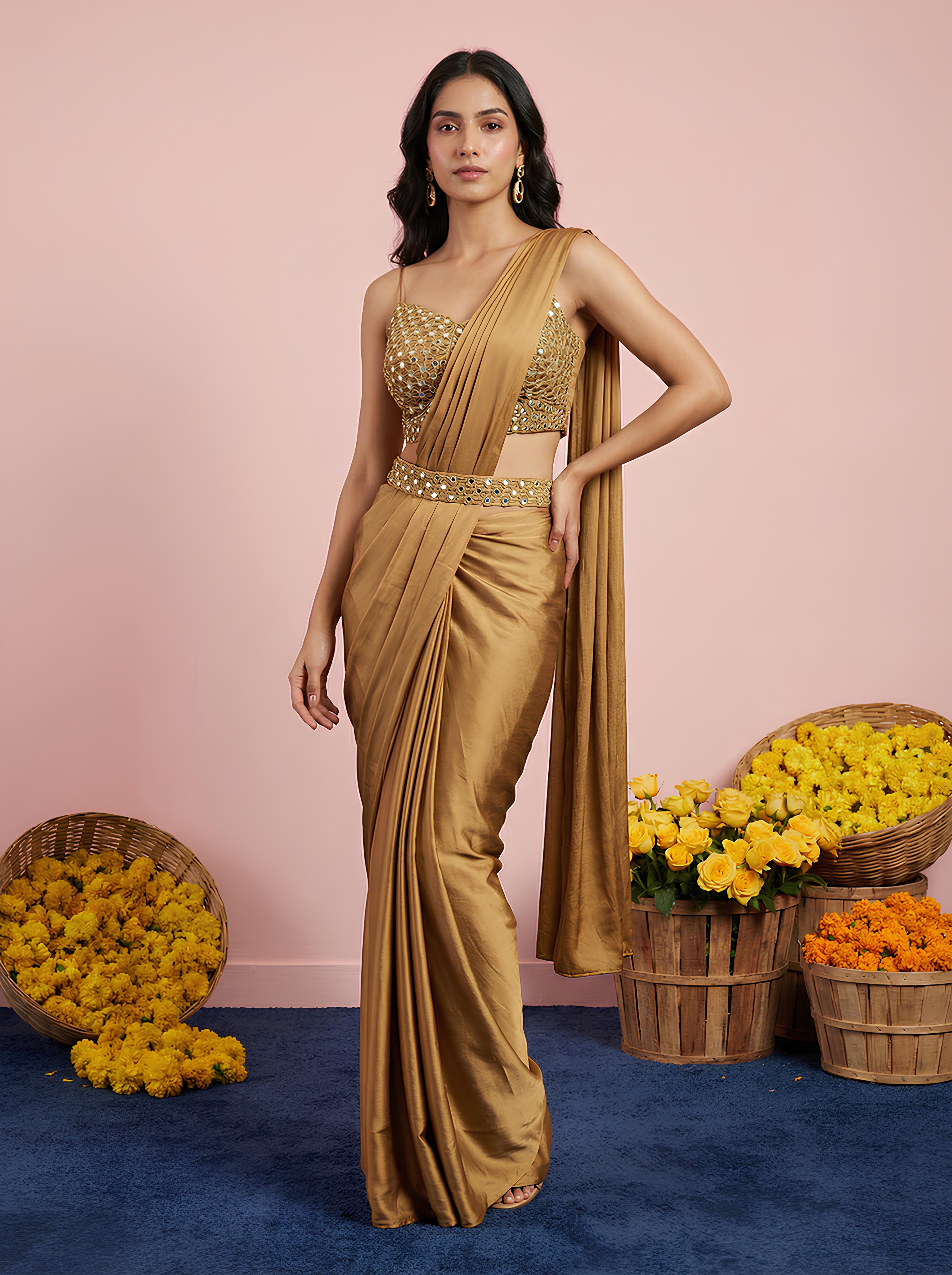 Light Gold Embroidered Festive Drape Saree
