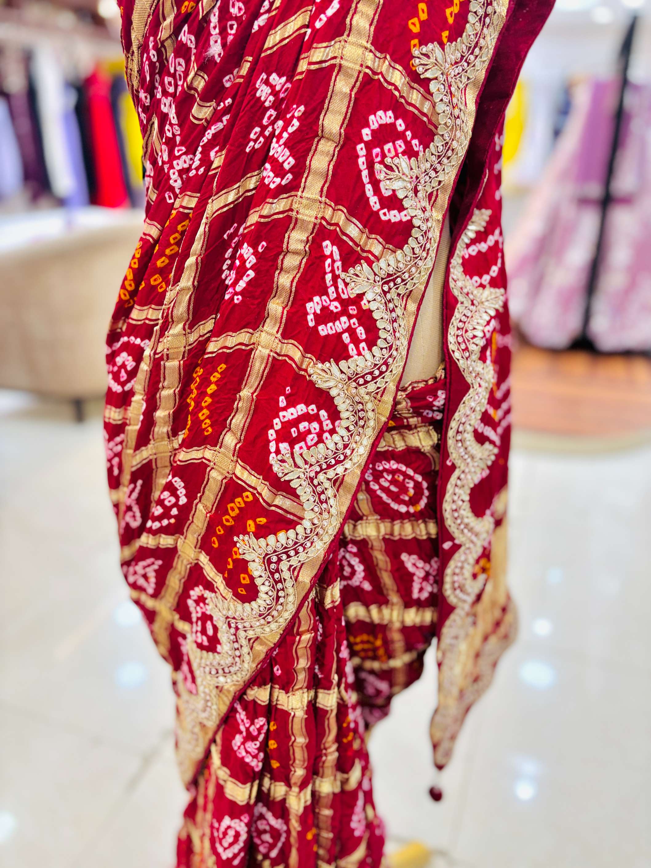 Maroon Gajji Silk Gharchola Bandhej Gotta Work Saree