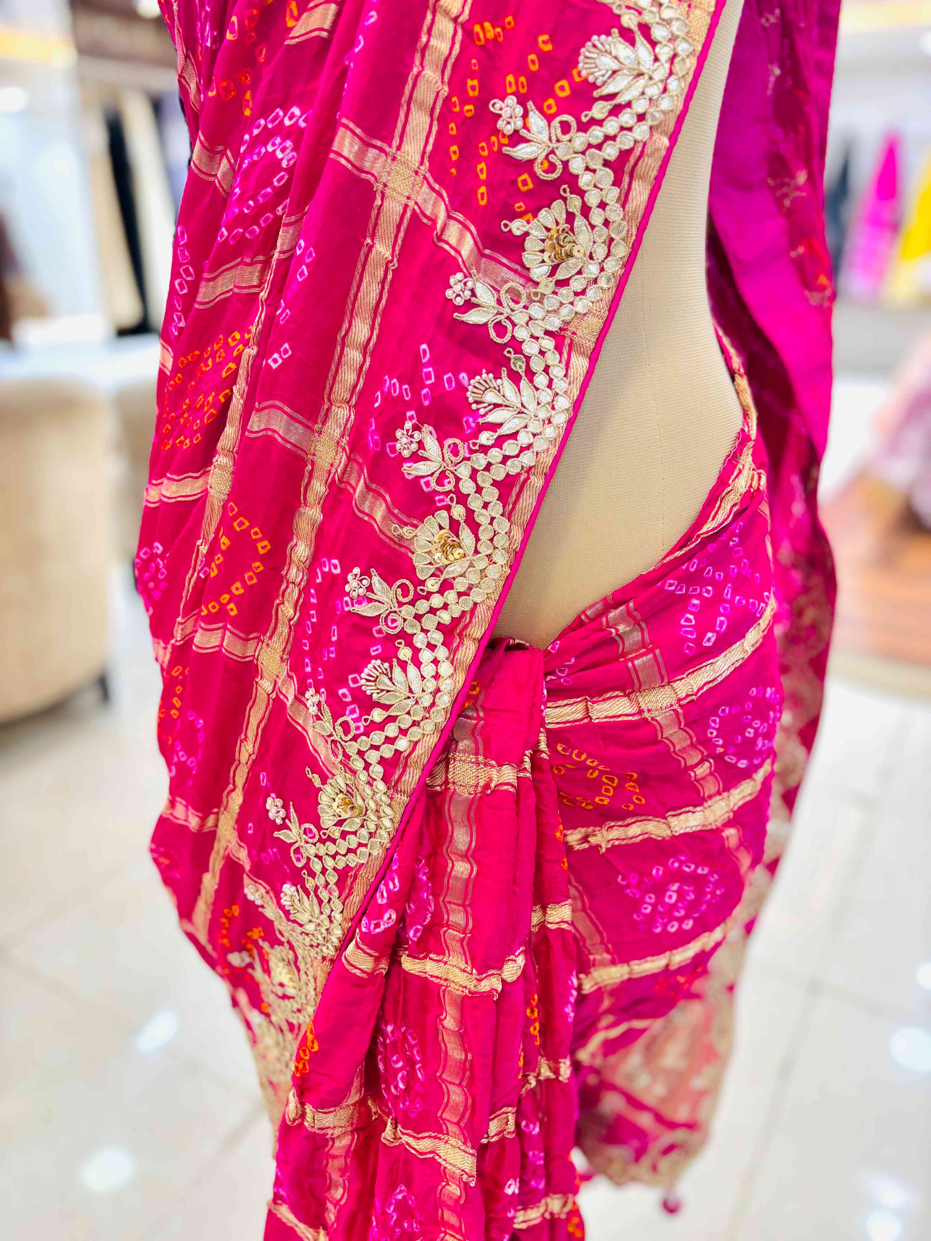 Pink Gajji Silk Gharchola Bandhej Gotta Work Saree