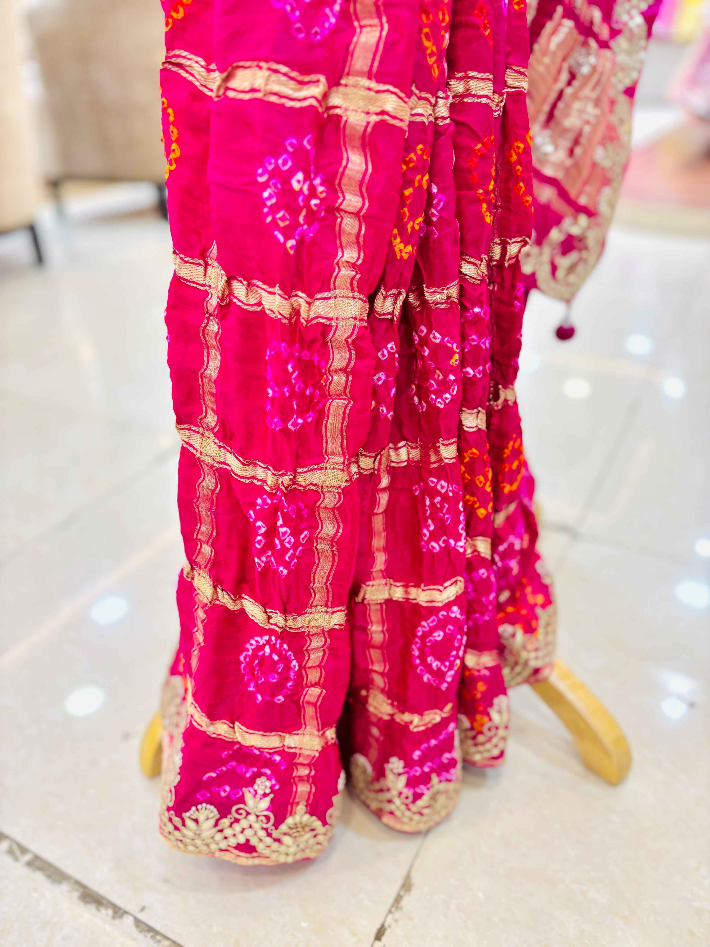 Pink Gajji Silk Gharchola Bandhej Gotta Work Saree