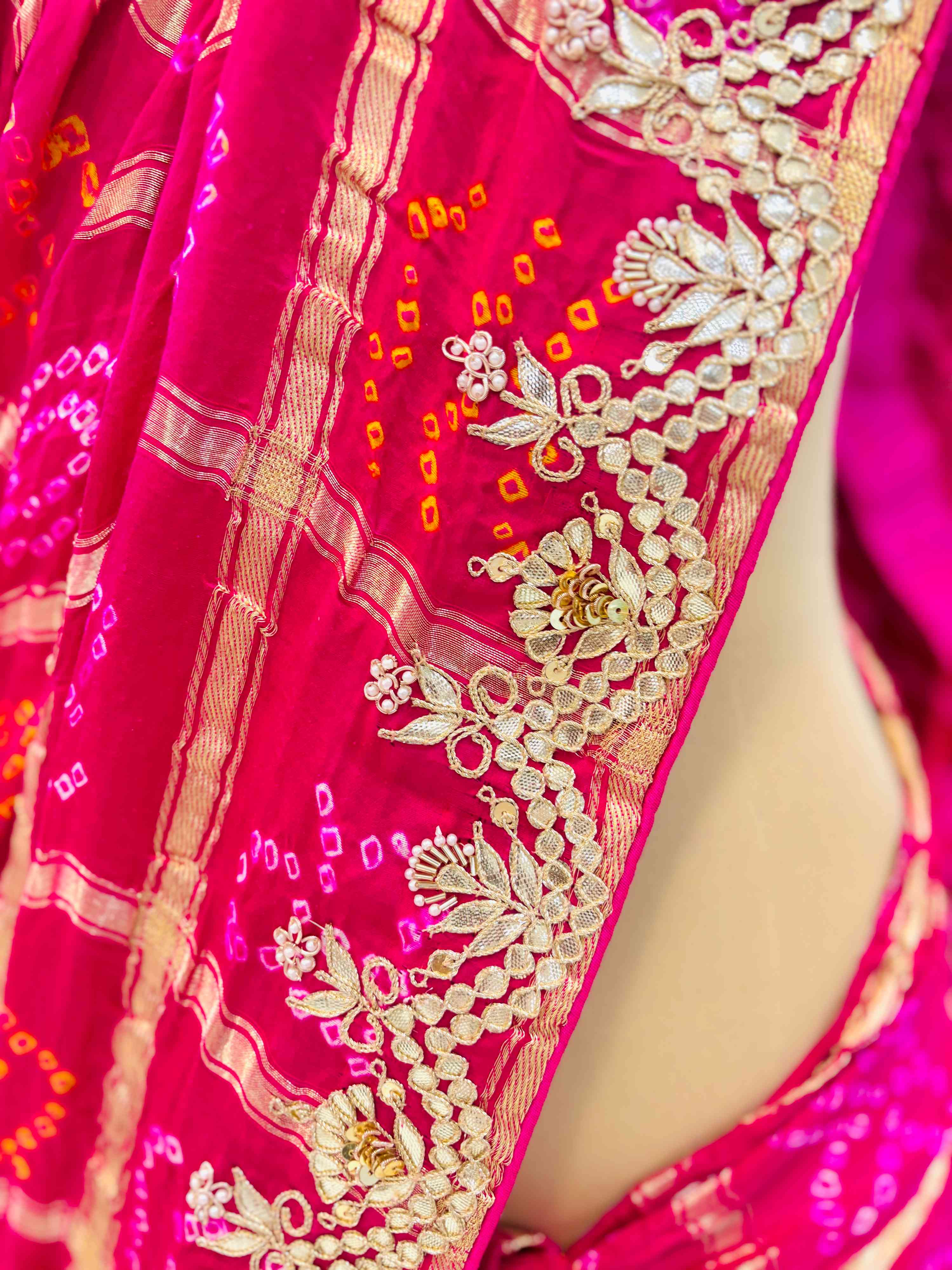 Pink Gajji Silk Gharchola Bandhej Gotta Work Saree