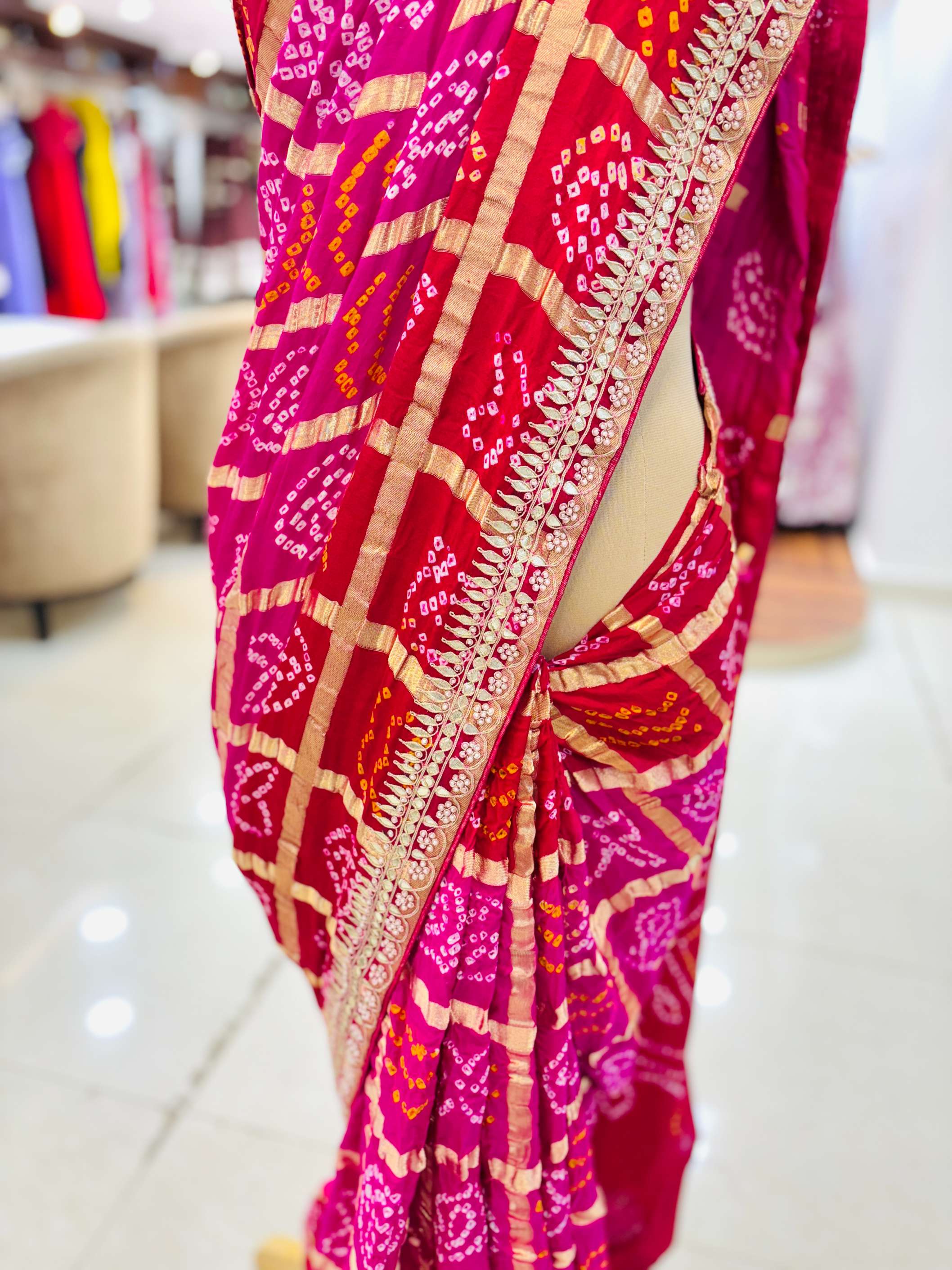 Shaded Pink & Red Gajji Silk Gharchola Bandhej Gotta Work Saree