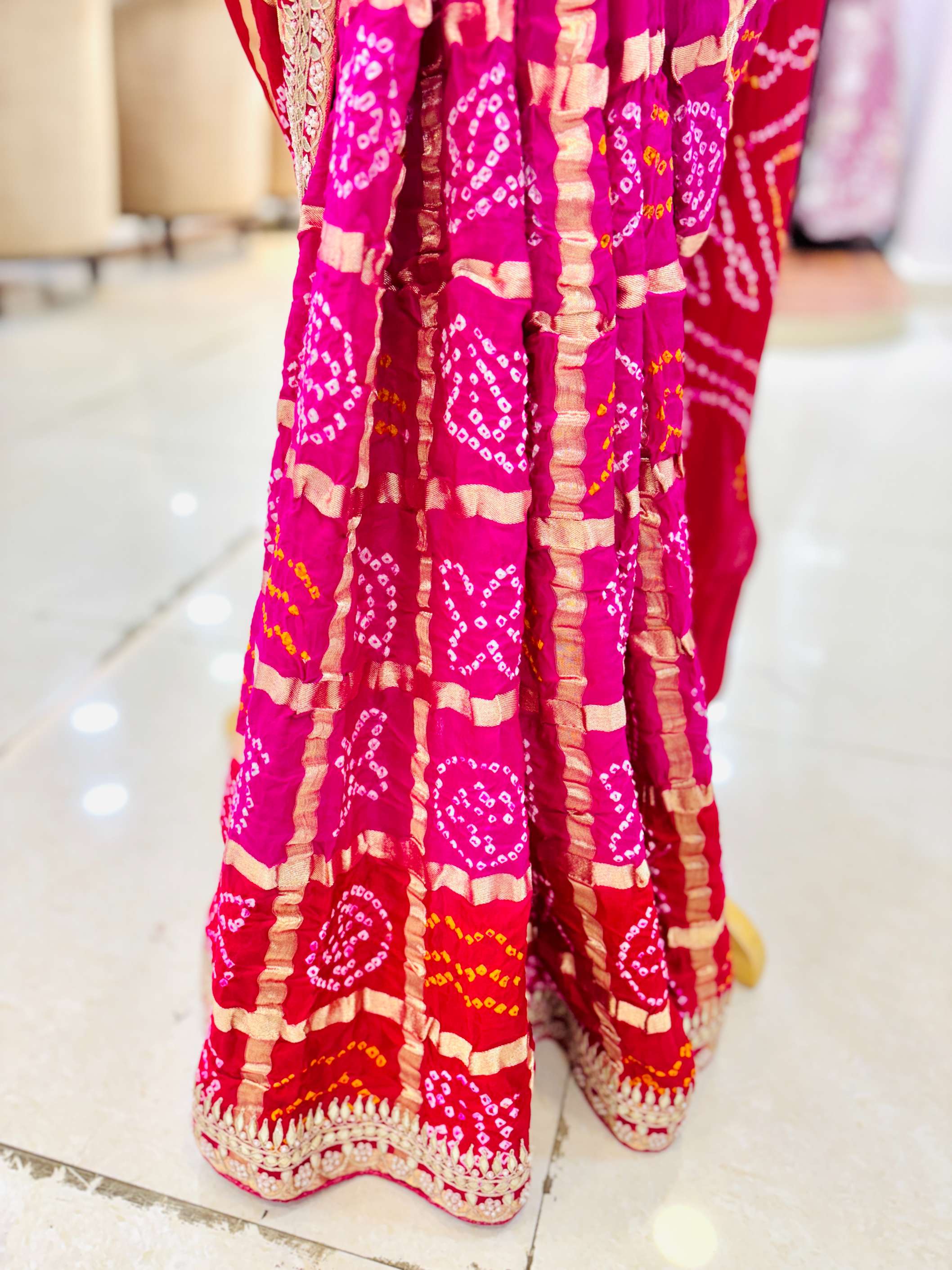Shaded Pink & Red Gajji Silk Gharchola Bandhej Gotta Work Saree