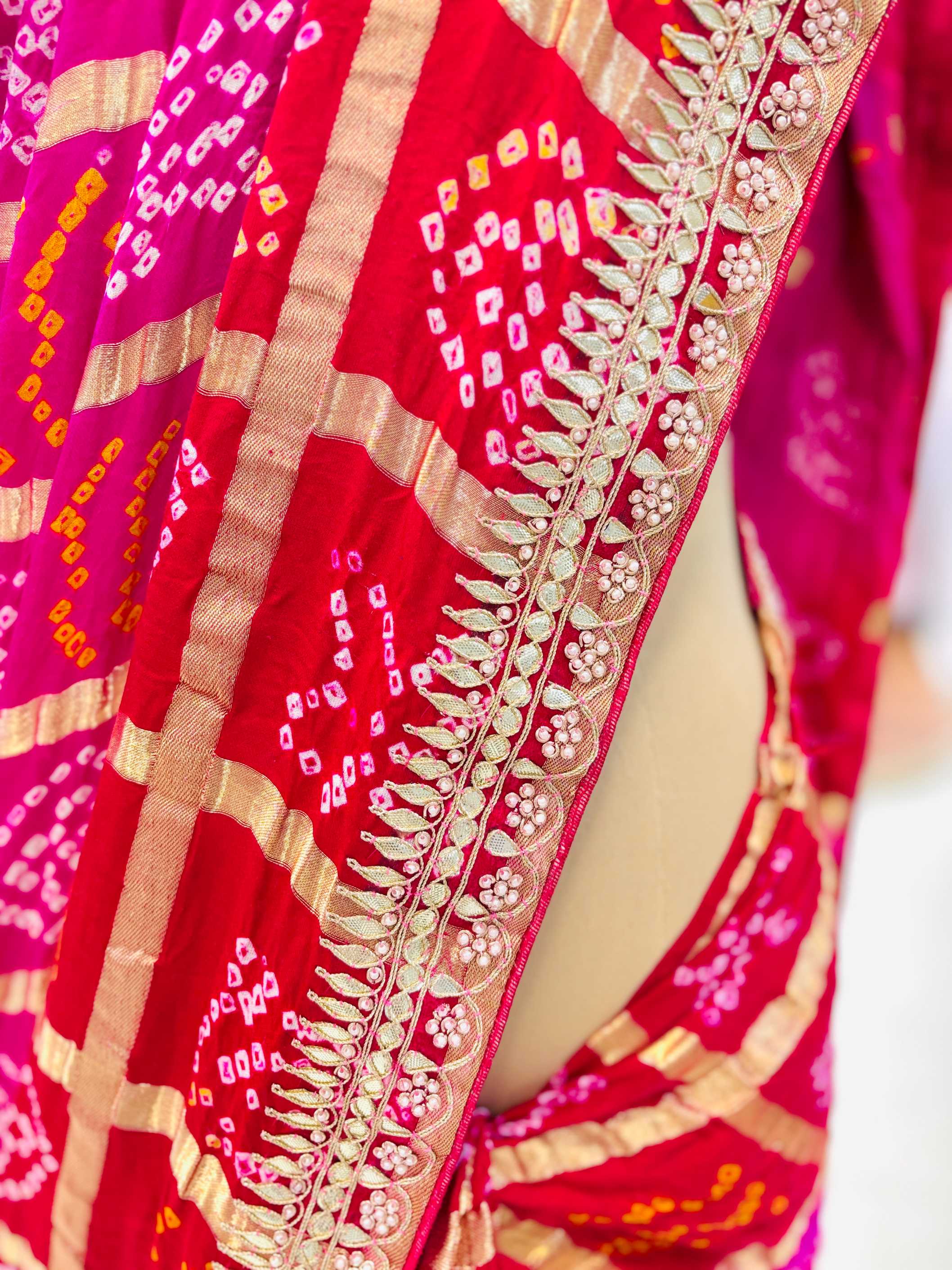 Shaded Pink & Red Gajji Silk Gharchola Bandhej Gotta Work Saree