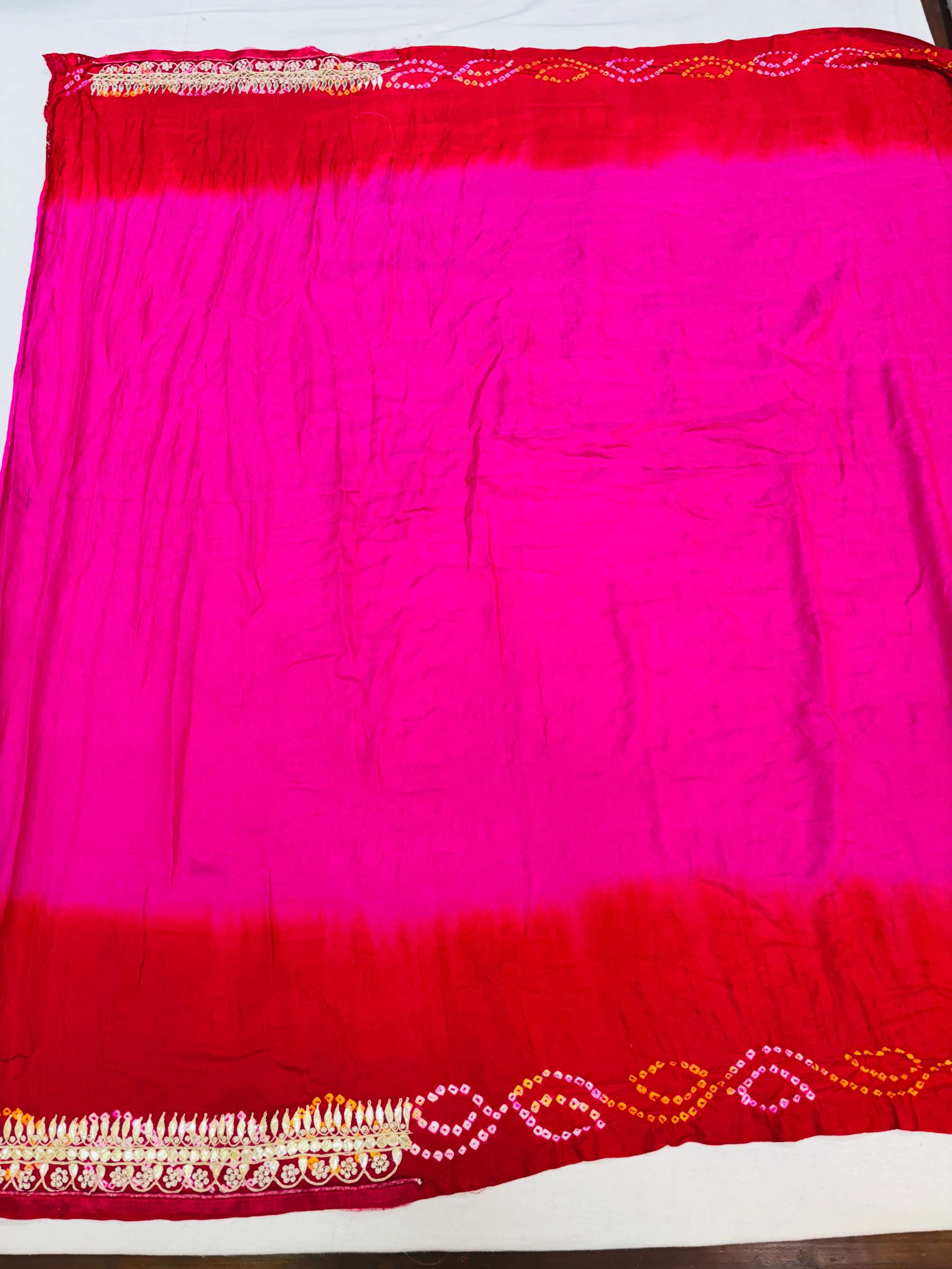 Shaded Pink & Red Gajji Silk Gharchola Bandhej Gotta Work Saree
