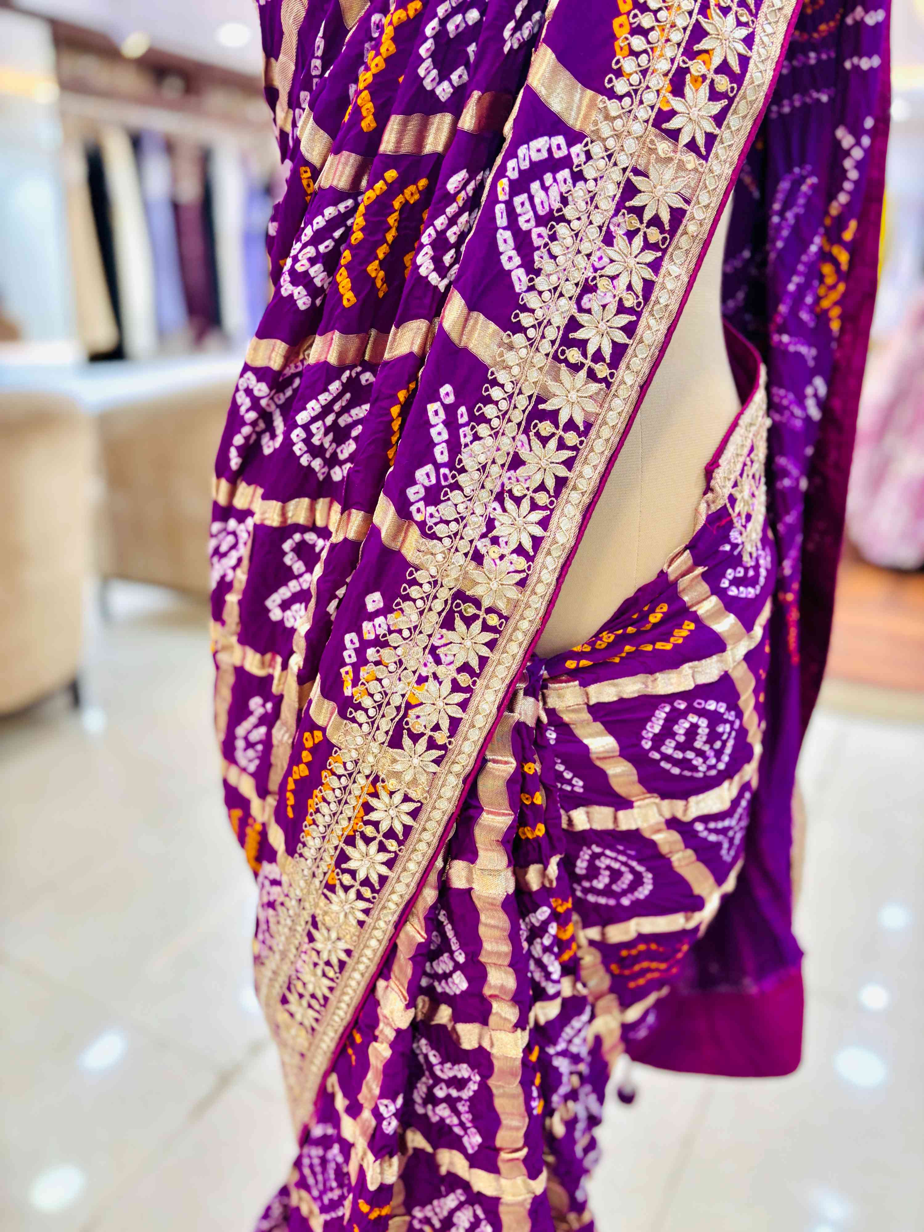 Purple Gajji Silk Gharchola Bandhej Gotta Work Saree