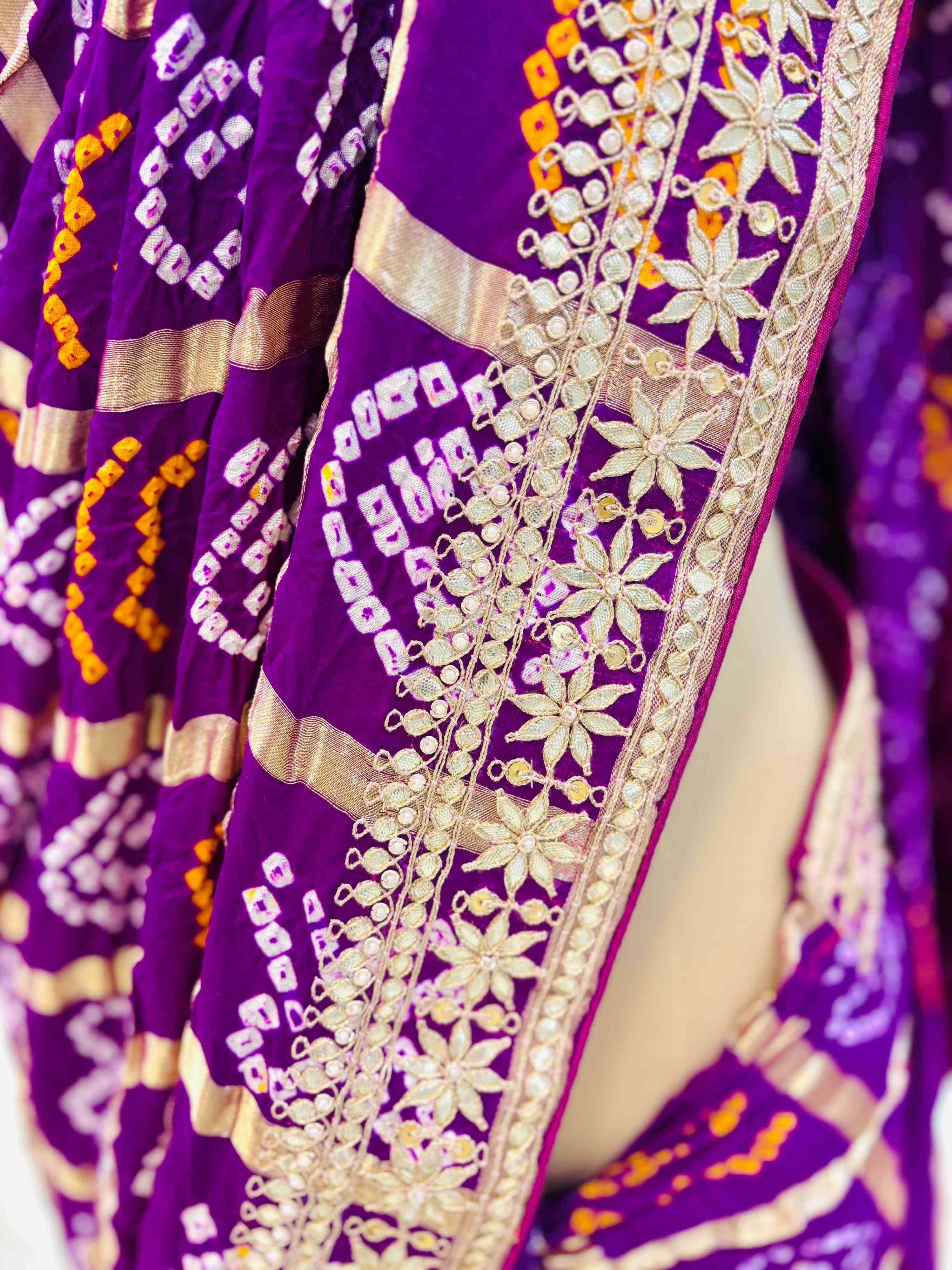 Purple Gajji Silk Gharchola Bandhej Gotta Work Saree