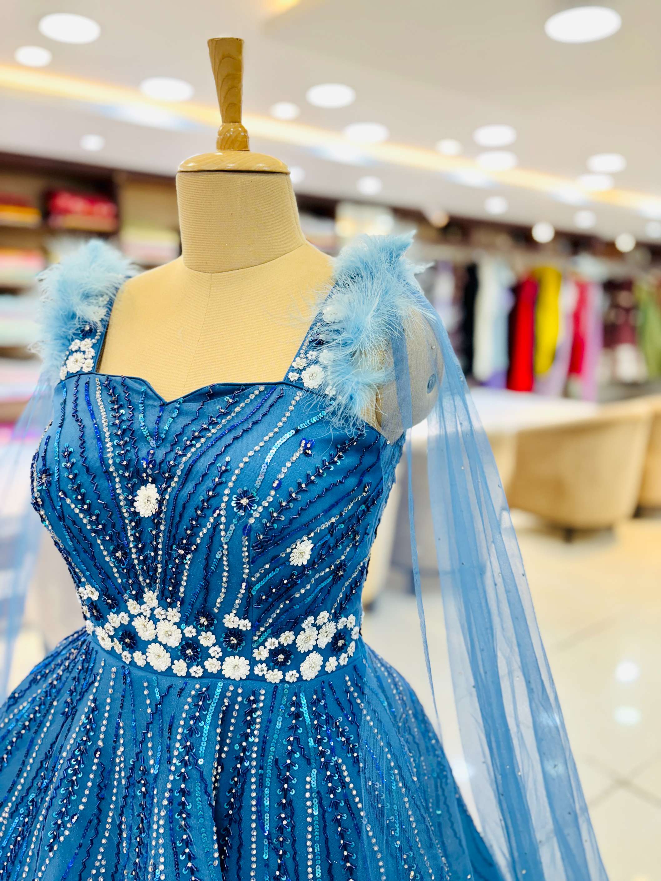 Blue Net Evening Gown With Sequins Embroidery
