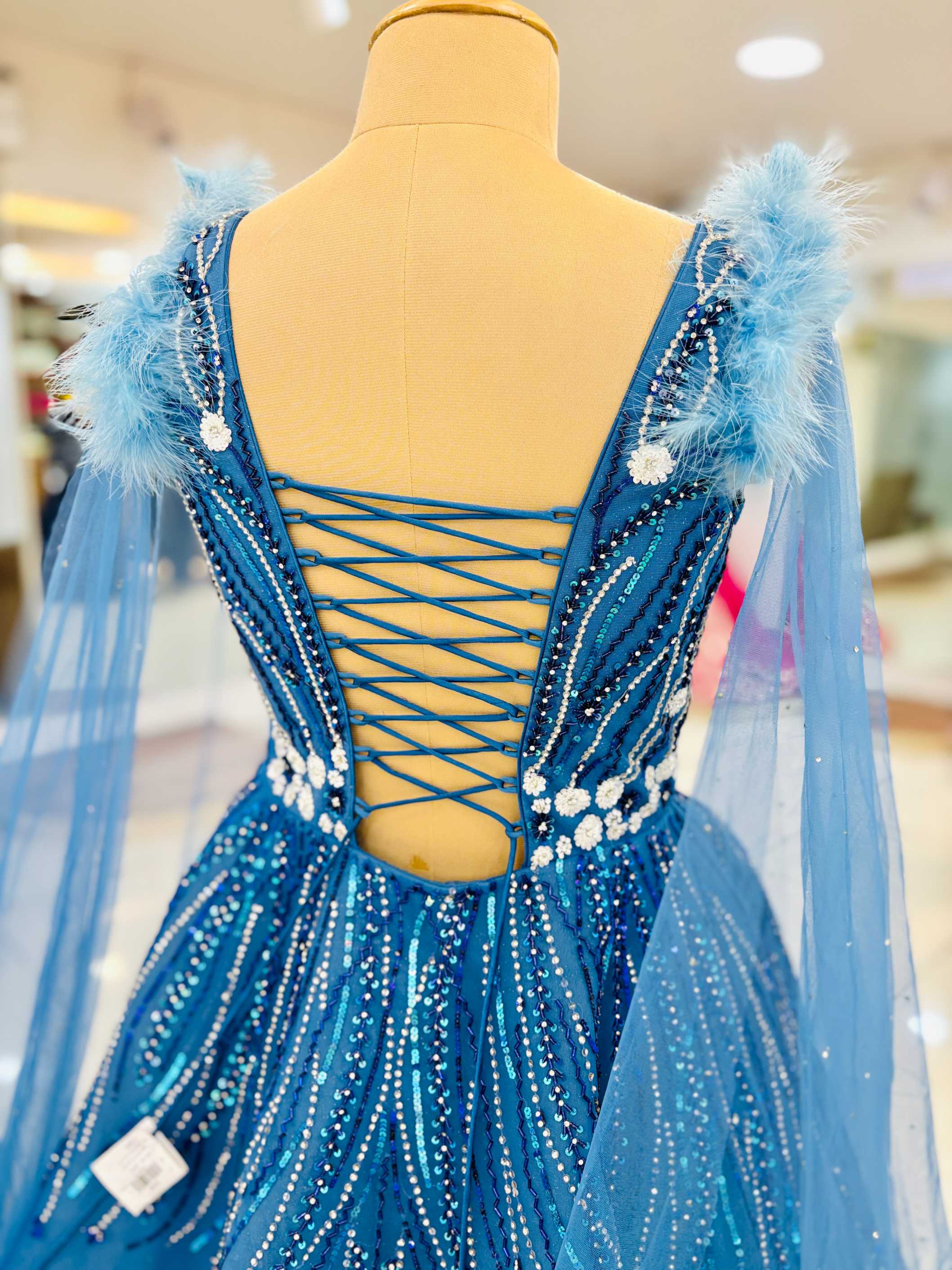 Blue Net Evening Gown With Sequins Embroidery